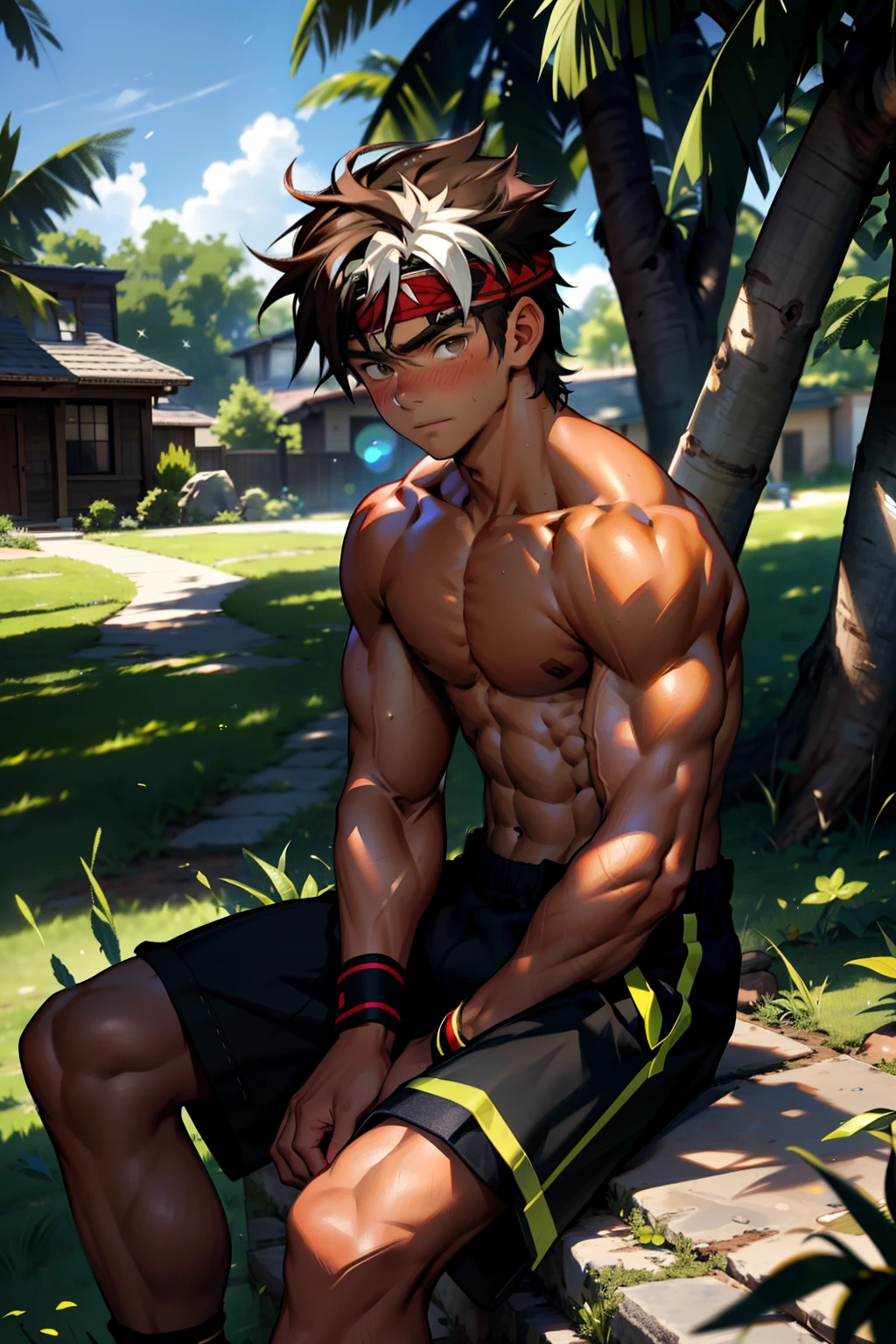 (Masterpiece, Best quality boy,Shota), 1boys, Young,Muscular, Short hair, with brown eye, Intricate, Grass, full bodyesbian, Shirtless, Muscles sparkle in the sun,Black shorts, green headband, Vivid colors,(Depth of field:1.2),(Abs),Blush, view the viewer, Sit on grass,