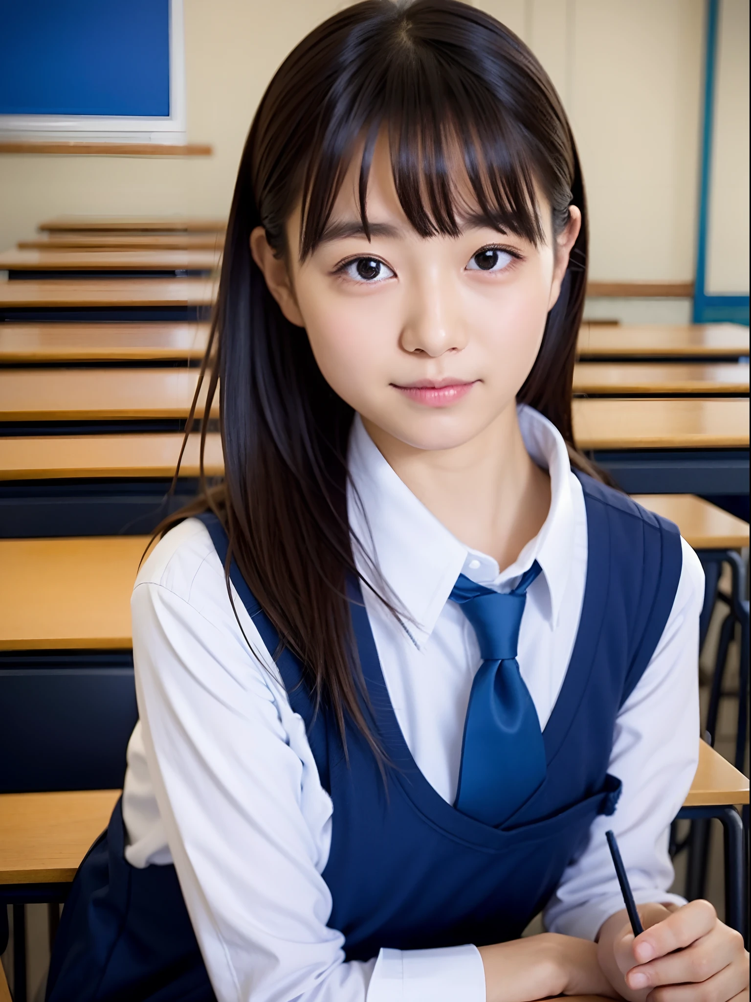 A boy is looking at a girl in a classroom。They are both high school students.。