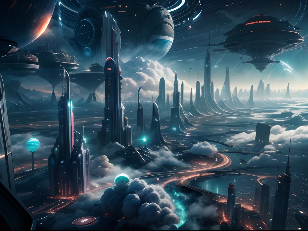 Beautiful shining interstellar city in the clouds，The green planet is surrounded by clouds，The city is a space port city，Absolutely outstanding，The city looks like something out of a science fiction movie，Lots of tall buildings，There are many people on the ground，Micro cyberpunk style，NASA Punk