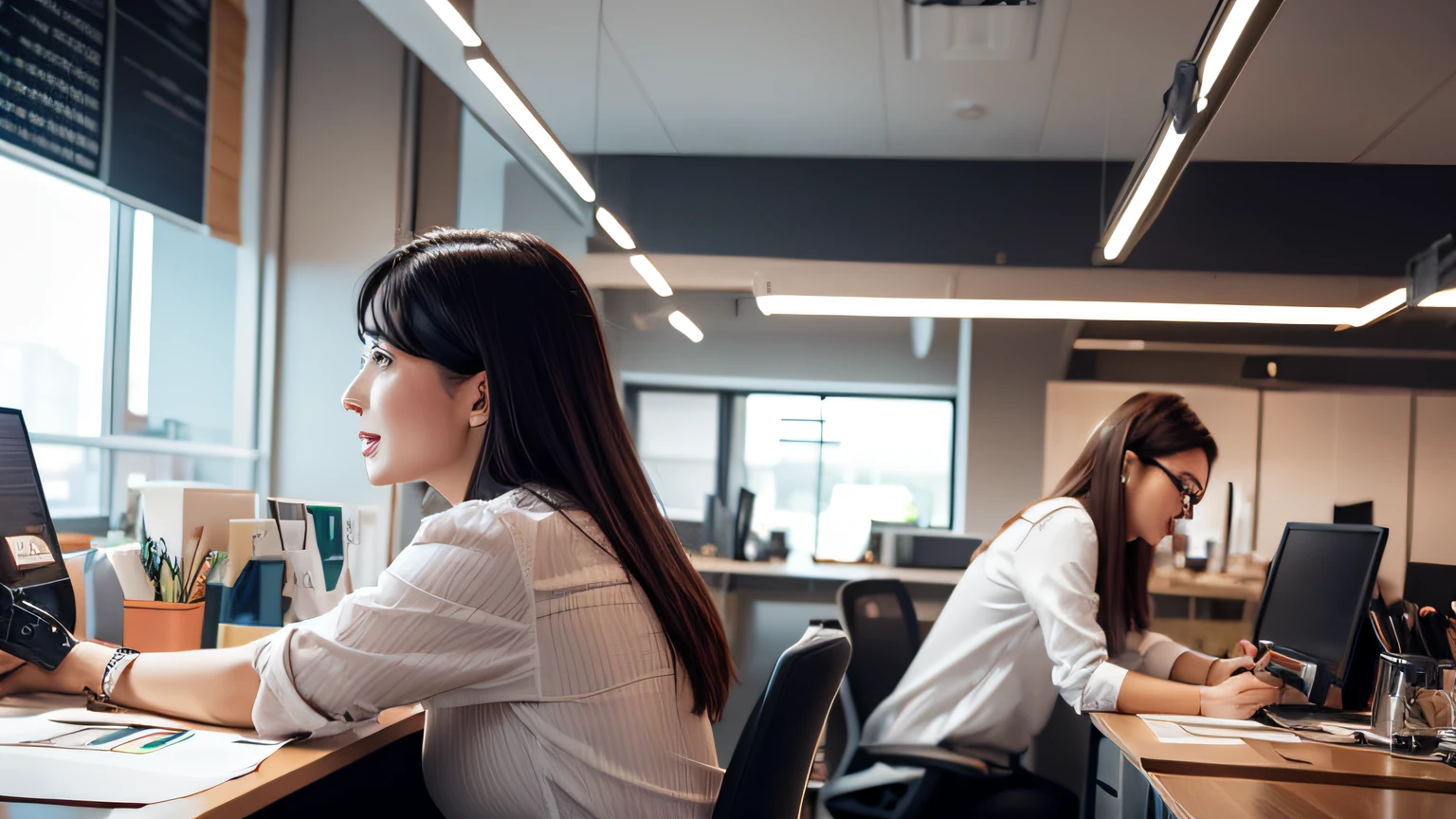Scenes of women working in a lively office