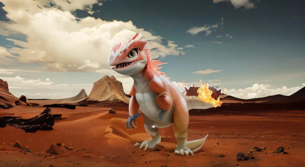 photograph of Charmeleon in real life, dark red, flamming tail bent upward, 8k resolution, sharp focus, ultra detailed, 70mm lens, volcanic background