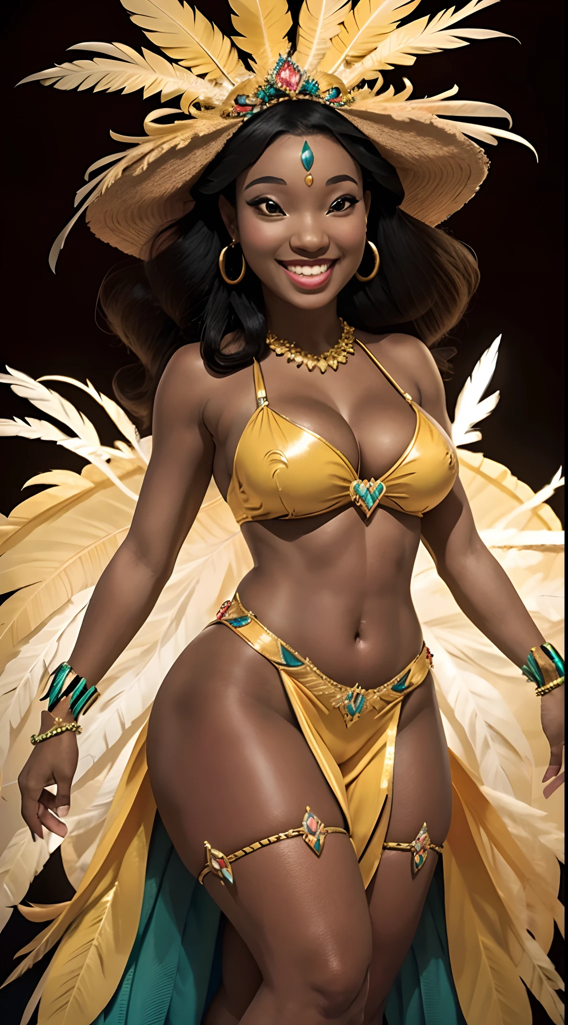 "An electrifying depiction of Naniwaifu:1, a statuesque and voluptuous Black woman, embodying the spirit of a samba dancer. She possesses a commanding and Amazonian voluptuos physique, thicc body, enormous tits, huge hips smile waist, tall, ebony, black skin, younger standing tall and exuding confidence. Naniwaifu is adorned in a dazzling samba costume, resplendent with vibrant colors and intricate details, in the heart of a lively Carnival celebration in Brazil.
Her samba costume is a true masterpiece of craftsmanship, with sequins, feathers, and gemstones that catch the light and captivate onlookers. Naniwaifu's headpiece is adorned with colorful feathers that sway gracefully as she moves to the rhythm of the samba music. Her radiant smile and graceful movements add to the electric atmosphere of the Carnival, where she is the embodiment of joy and sensuality. With stunning sexy seductive  body"