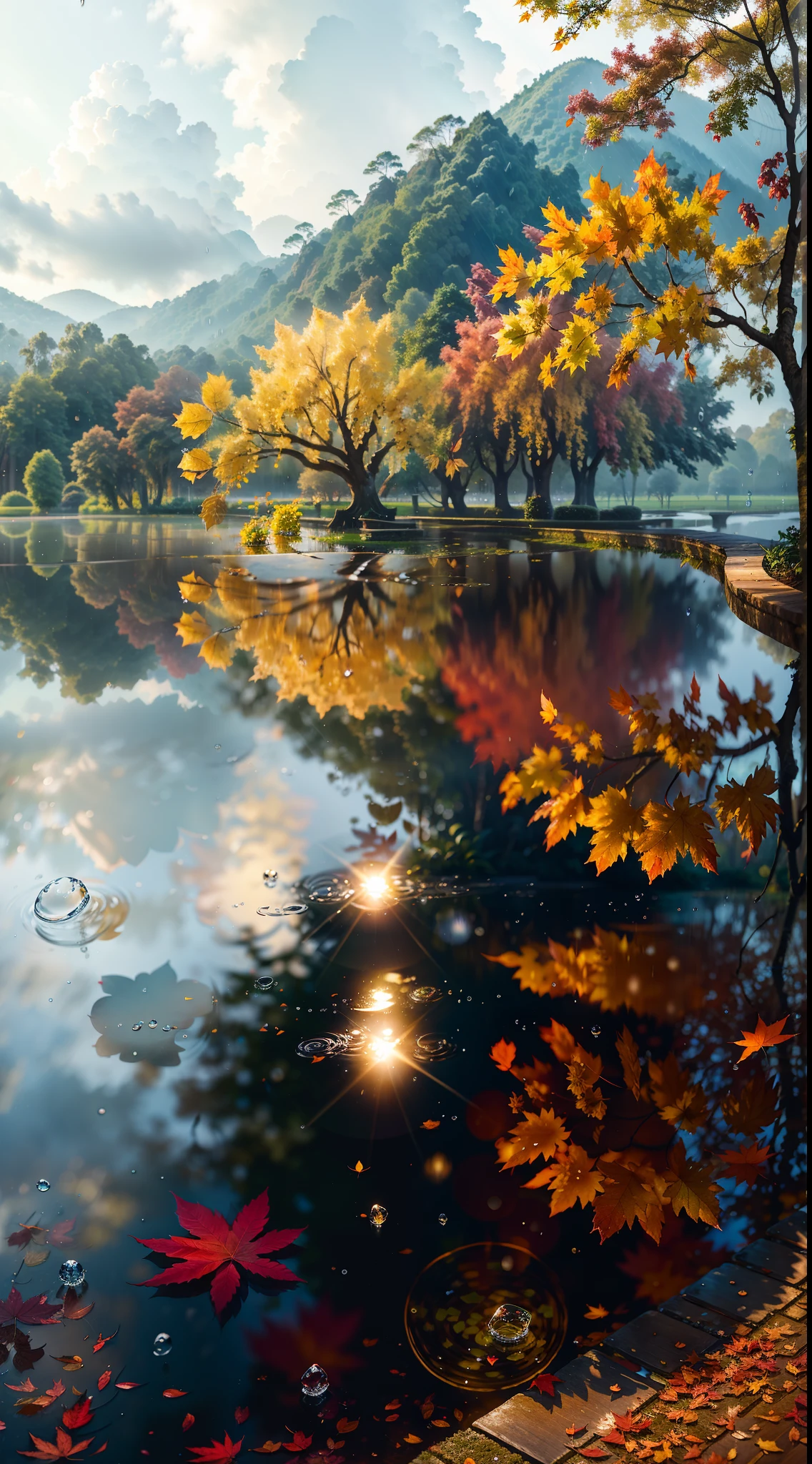 Picture of leaves and raindrops, Romantic landscape style, canon eos 5d mark iv, Sunny impressionism, Traditional Vietnamese, sparkling water reflections, high-quality photo, Stock Photo - AR 2:3 --v 5