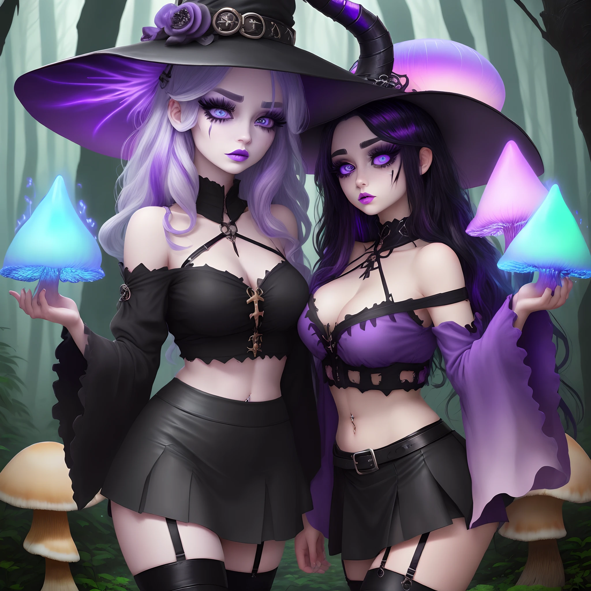 (((master piece, best quality))), (((sharp focus))), 1girl, (((long black hair))), very long hair, (((multicolored hair, gradient hair, two-tone hair, black hair, blue hair, purple hair:1.2))), (((glowing blue eyes))), (((star-shaped pupils))), gothic makeup, (thick eyeliner), lips, eyeshadow, (((black off shoulder tiered sleeve crop top))), ((harness)), large breasts, (((high waist black skirt))), (navel piercing), ((garter)), (gothic ripped stockings), ((gothic black boots)), (((black witch hat))), (((Gothic witch))), scenery, ((forest)), (((haunted forest))), (((glowing mushrooms))), (fireflies), (((iridescent))), (((posing for viewer))), (((close up shot))), more_details:-1, more_details:0, more_details:0.5, more_details:1, more_details:1.5, more_details:2, InkAnime, oni horns, oni_horns, anime_oni_horns, InkAnime, (glowart), Korean webtoon girl, big eyes, ombre lipstick, cute face, oval face, colored hair, curly hair, straight hair, kahuka1, (((entropymagic))), fantasy, decay, dissolving, (((purple eyelashes))), entropymagic, fantasy, decay, dissolving, entropymagic, fantasy, decay, dissolving, colored eyelashes, white eyelashes, glowify, colored eyelashes, white eyelashes, glowify