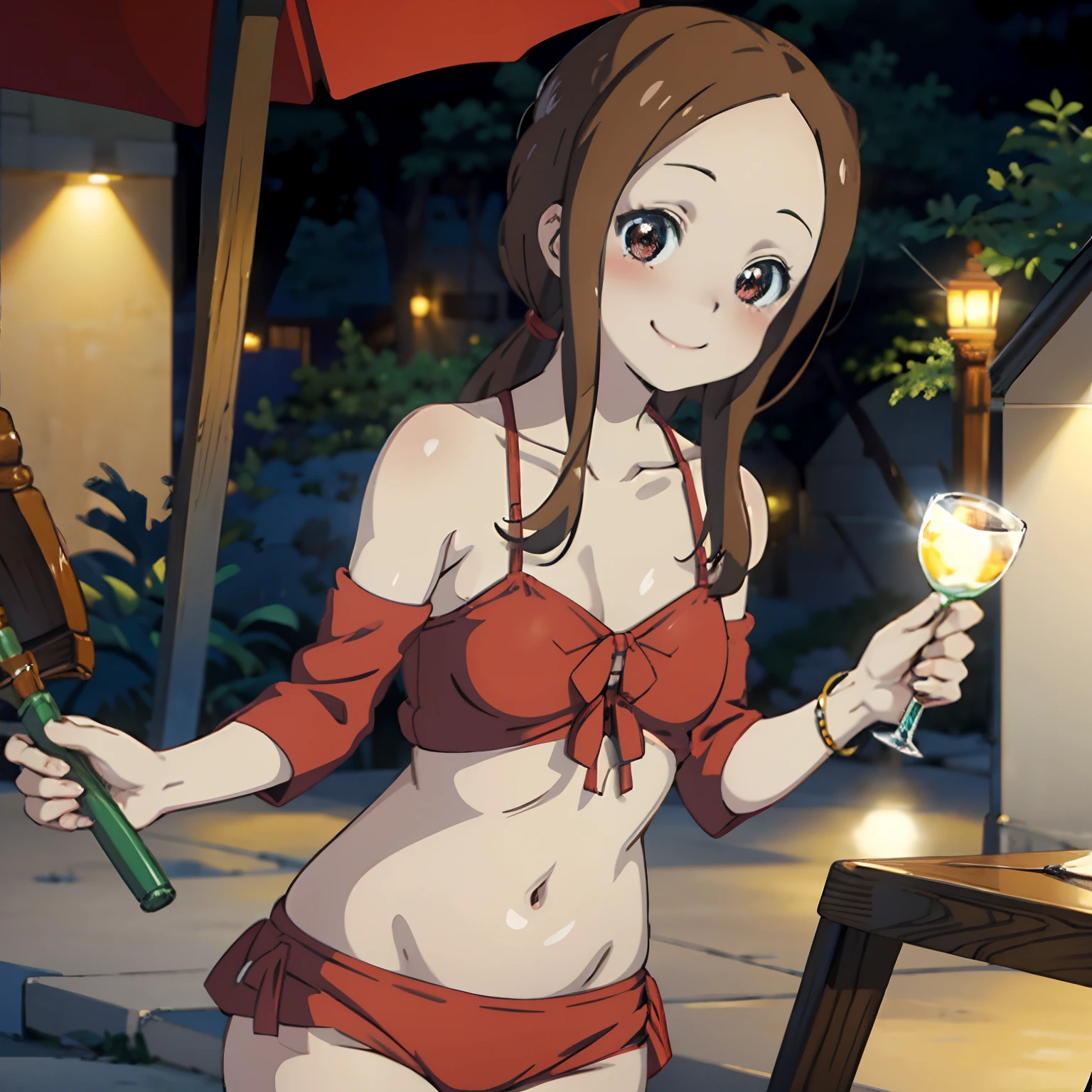 Solo, seductive smile, blush, masterpiece, best quality, red bikini, takagi-san, shiny skin, thick tighs