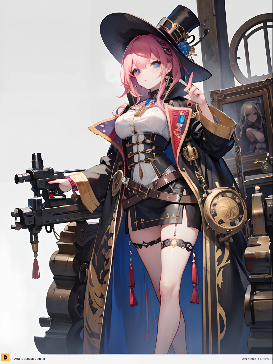 ((Obra maestra, highest qualityr)), Cara detallada, Cara hermosa, Hermosos ojos, cuerpo completosbian, lleno de detalles, Trabajando en el taller, usando un rifle, rifle referente a steampunk, Altamente detallado, profundidad, muchas partes,Hermosa chica con cabello rosado,con el pelo despeinado,Cabello largo y rosado,enfermo,pupilas blancas,Las piernas son muy delgadas,Las piernas son largas, blue tabs, steampunk, Moda Steampunk, full bodied, abrigo de camarero, blusa de cuello alto, Top hat with mechanical gears, brass accents, Accesorios de cuero ,Alto y alto,delgado, 8k, Ultrarrealista, Arte Oficial, glamur, Mica, umbroso, oil on canvas, pinceladas, Suave, ultra-high def, 8k, Unreal Enginee 5, Ultra Sharp Focus,, Artgerm, Roisch, NFFSW, Intrincadas obras maestras de arte, siniestro, matte paint movie poster, golden ratio, tendencias en CGSociety, Enrevesado, Epicd, tendencias en Artstation, Altamente detallado, Vibrante, production cinematic character render, Modelo de ultra alta calidad