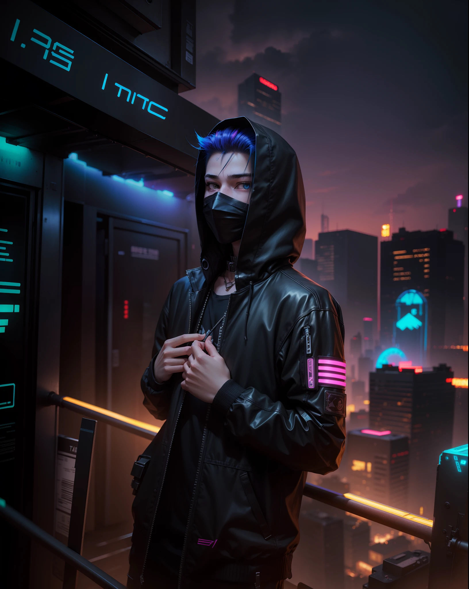 cyberpunk, real face, cinematic, neon hair, hdr, change background ultra real quality ,no face change as it is same face,17 year teenager young boy, cool face like original photo