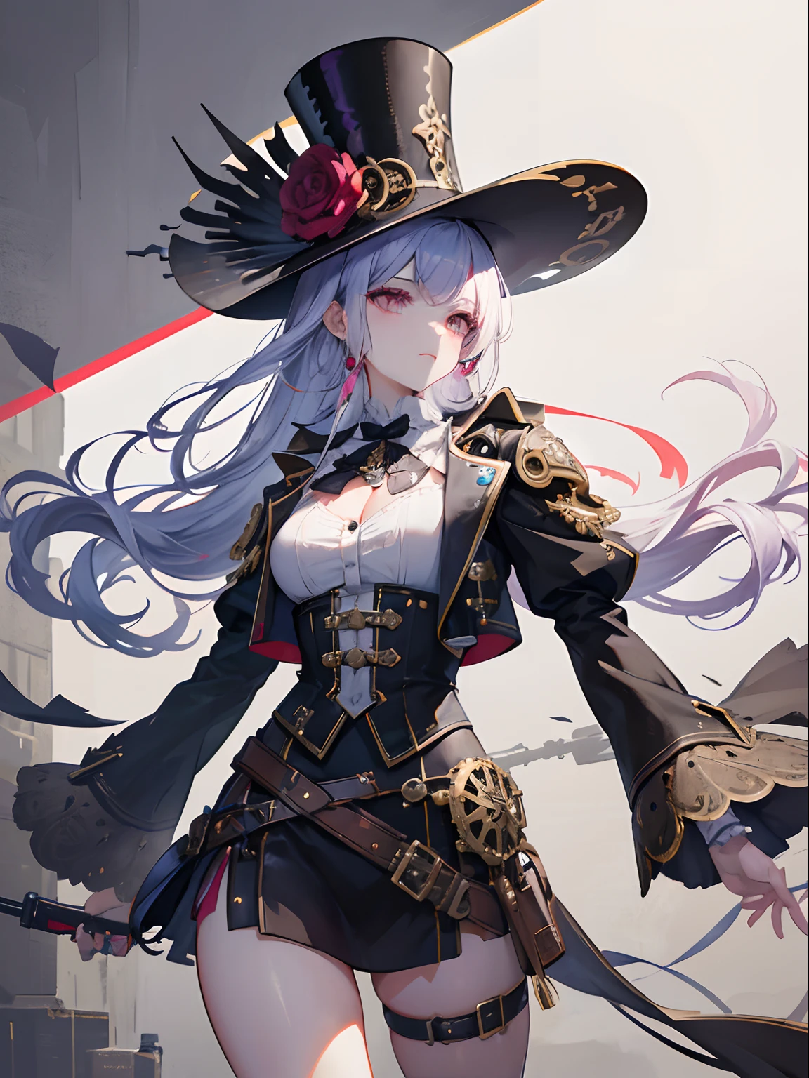 ((Obra maestra, highest qualityr)), Cara detallada, Cara hermosa, Hermosos ojos, cuerpo completosbian, lleno de detalles, Trabajando en el taller, usando un rifle, rifle referente a steampunk, Altamente detallado, profundidad, muchas partes,Hermosa chica con cabello rosado,con el pelo despeinado,Cabello largo y rosado,enfermo,pupilas blancas,Las piernas son muy delgadas,Las piernas son largas, blue tabs, steampunk, Moda Steampunk, full bodied, abrigo de camarero, blusa de cuello alto, Top hat with mechanical gears, brass accents, Accesorios de cuero ,Alto y alto,delgado, 8k, Ultrarrealista, Arte Oficial, glamur, Mica, umbroso, oil on canvas, pinceladas, Suave, ultra-high def, 8k, Unreal Enginee 5, Ultra Sharp Focus,, Artgerm, Roisch, NFFSW, Intrincadas obras maestras de arte, siniestro, matte paint movie poster, golden ratio, tendencias en CGSociety, Enrevesado, Epicd, tendencias en Artstation, Altamente detallado, Vibrante, production cinematic character render, Modelo de ultra alta calidad