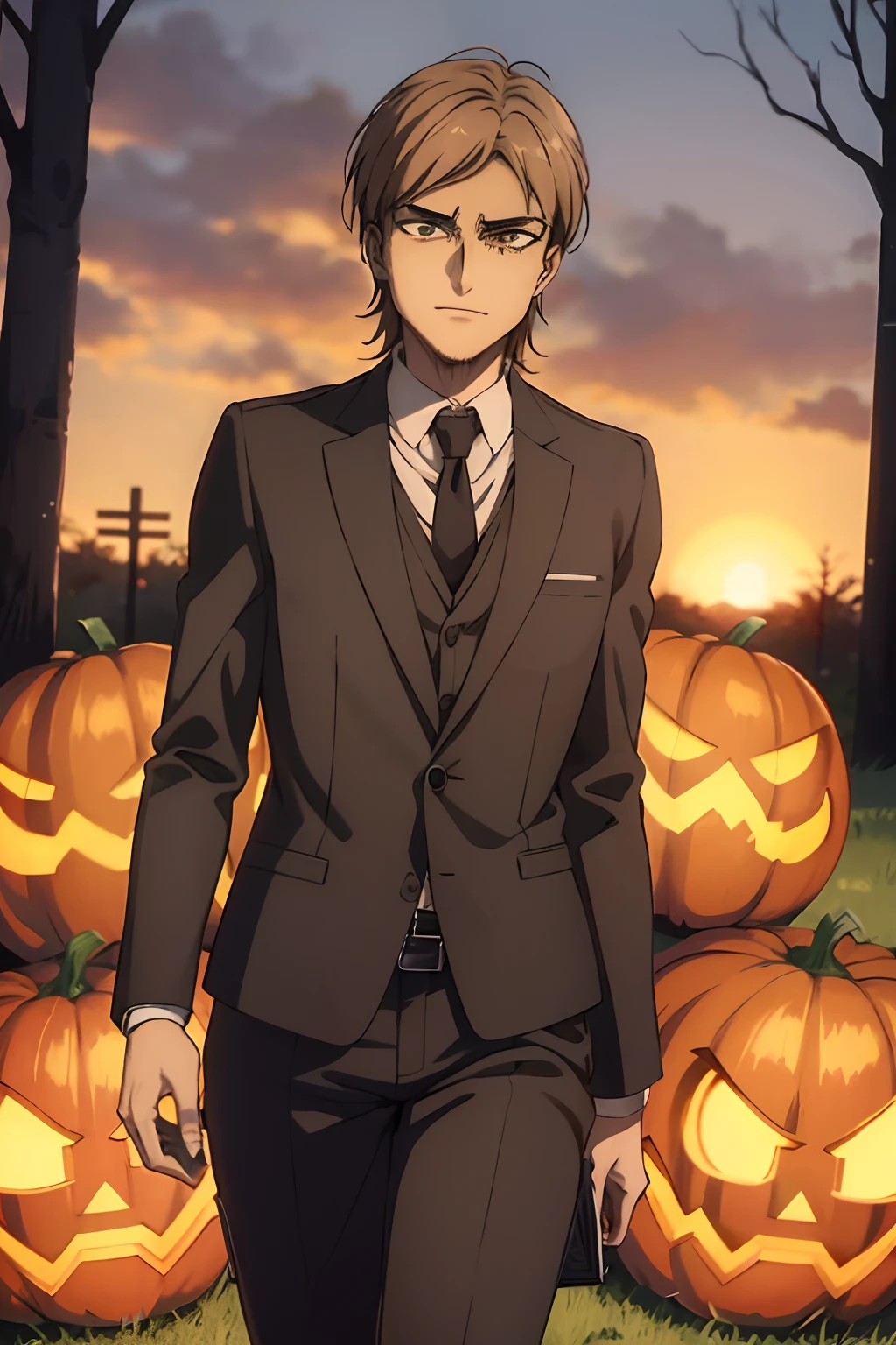 Attack on Titan,Jean,smil,Wearing a suit,male people,animesque,hight resolution、hightquality、absurderes、finely detail、Manga、Anime coloring、A slight smil、Pumpkin Lantern、 ember,shorth hair,enticing,Halloween Costumes,Dramatic Angle,the woods,natta,early evening,ghosts
