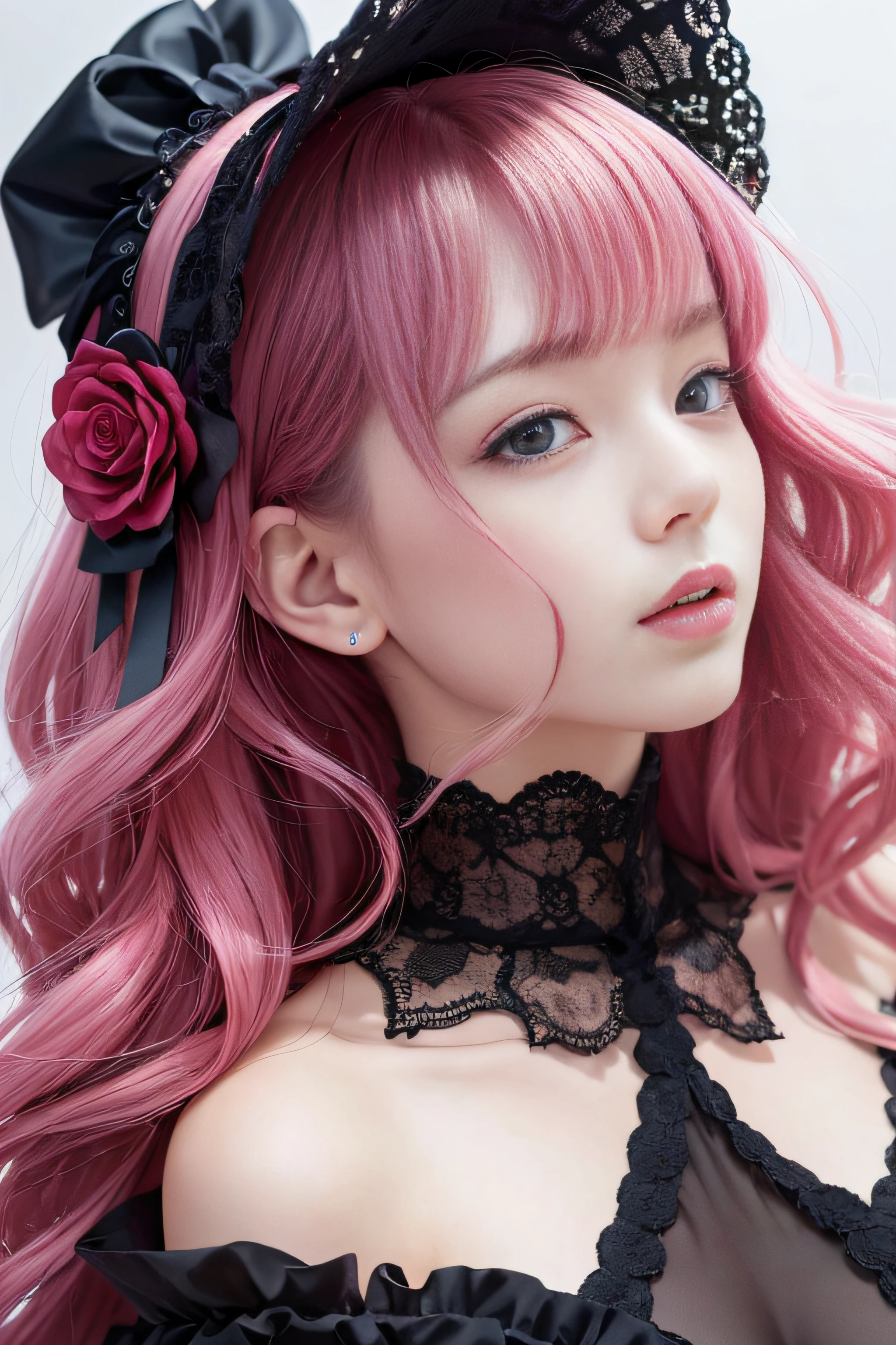 Rose Maiden、Lolita、Lolita Fashion、frilld、Colossal tits、intricate and gorgeous、gloves、bonnet、curlyhair、masutepiece、portlate、Raw photo、top-quality、masterpiece、超A high resolution、(Photorealsitic:1.4)、octan render、8K picture quality、ultrasharp、Details of complex ornaments、Extreme Detail、by lake、full bodyesbian