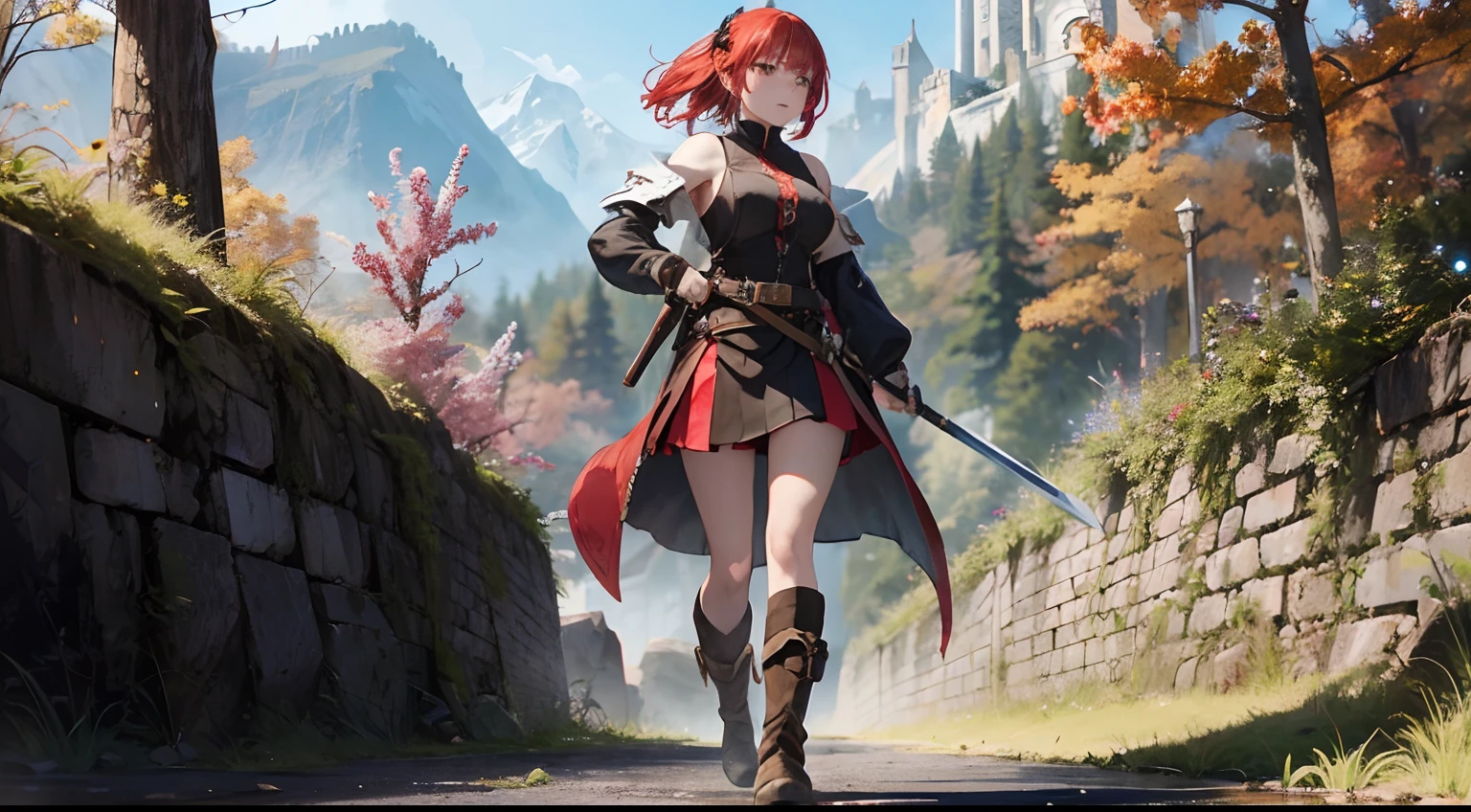 Fantasy-style world。Old ruins can be seen in the distance。blademaster women。((One woman))、pale skin with red hair、Wild beauty with outstanding style。A female warrior about 165 cm tall and dressed in revealing leather equipment、Short skirt、Skirt with slits、Leather Boots、Sexy Beauties、She is an excellent warrior in swordsmanship.。A beautiful woman with a strong and cheerful impression。Walking through a desolate wilderness、you(the viewer)I noticed and walked towards this。 Full Body Art。Award