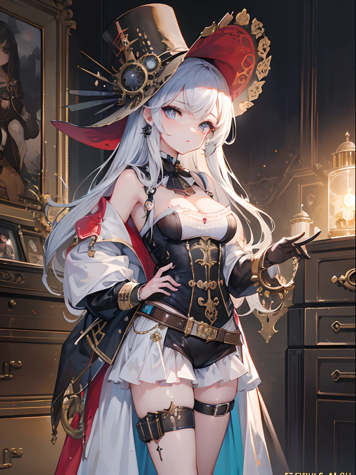 ((Obra maestra, highest qualityr)), Cara detallada, Cara hermosa, Hermosos ojos, cuerpo completosbian, lleno de detalles, Trabajando en el taller, usando un rifle, rifle referente a steampunk, Altamente detallado, profundidad, muchas partes,Hermosa chica con cabello rosado,con el pelo despeinado,Cabello largo y rosado,enfermo,pupilas blancas,Las piernas son muy delgadas,Las piernas son largas, blue tabs, steampunk, Moda Steampunk, full bodied, abrigo de camarero, blusa de cuello alto, Top hat with mechanical gears, brass accents, Accesorios de cuero ,Alto y alto,delgado, 8k, Ultrarrealista, Arte Oficial, glamur, Mica, umbroso, oil on canvas, pinceladas, Suave, ultra-high def, 8k, Unreal Enginee 5, Ultra Sharp Focus,, Artgerm, Roisch, NFFSW, Intrincadas obras maestras de arte, siniestro, matte paint movie poster, golden ratio, tendencias en CGSociety, Enrevesado, Epicd, tendencias en Artstation, Altamente detallado, Vibrante, production cinematic character render, Modelo de ultra alta calidad