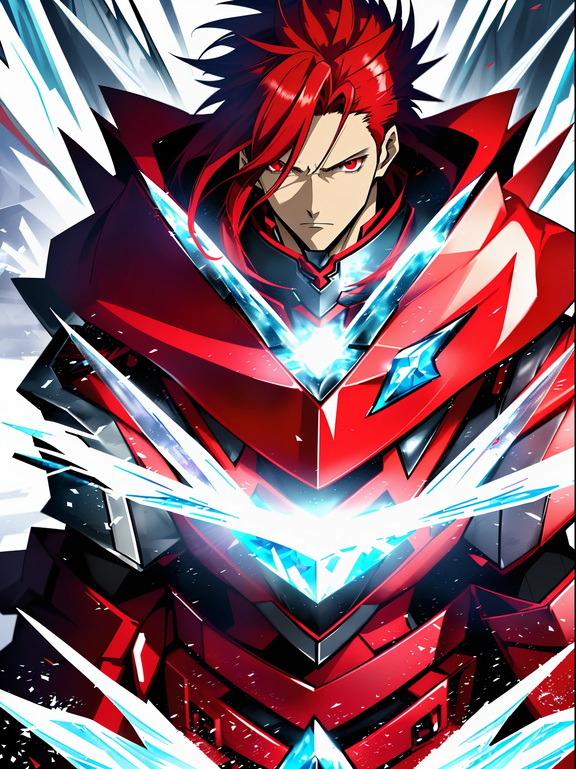 Anime characters with long red hair and red eyes in snowy landscapes, Ice Mage,Tall anime guy with red eyes, Key anime art, male anime character, Ice crystal armor, Detailed key anime art, full portrait of magical knight, Red coat, with ice powers