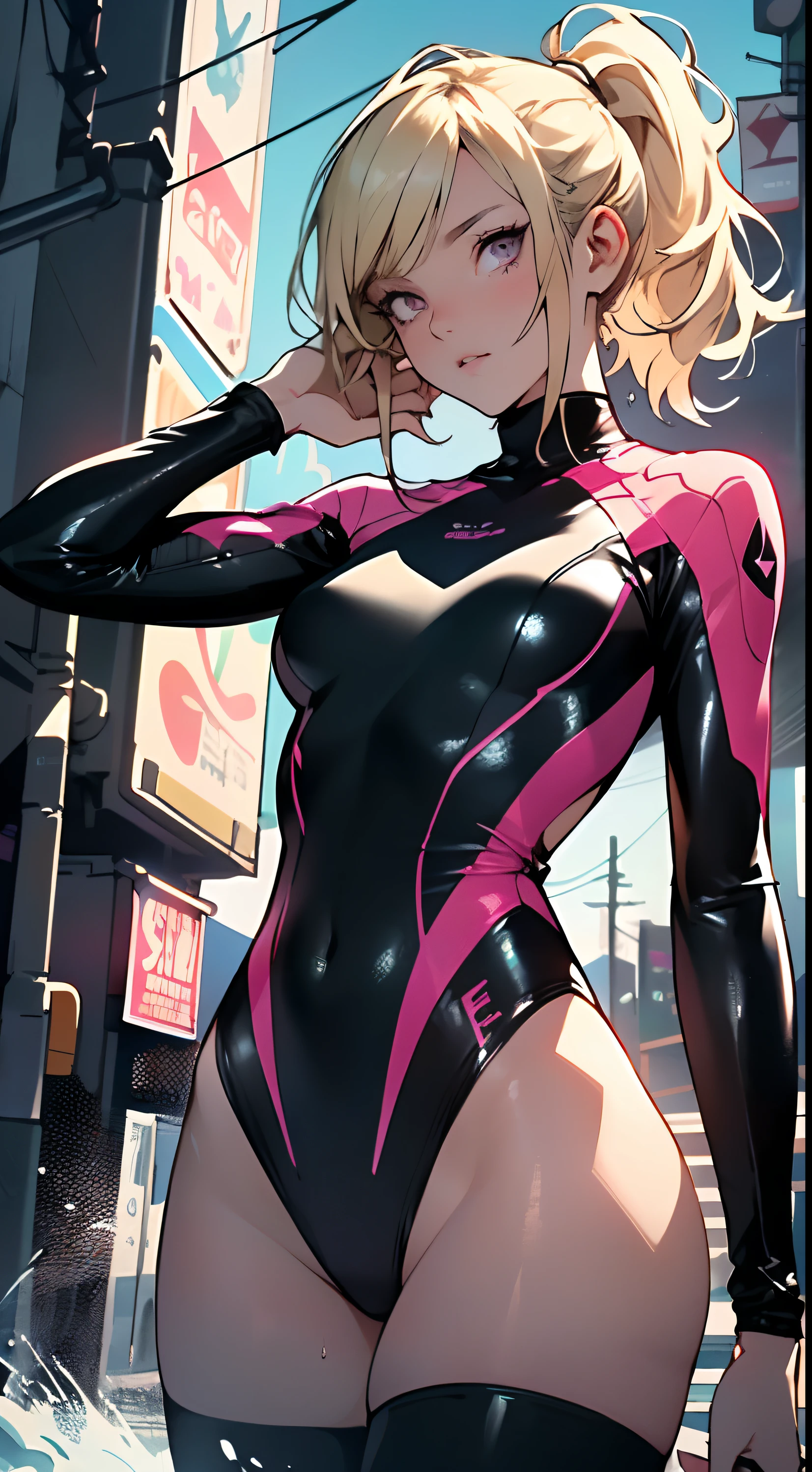 1girl, swimmer, (beautiful face),(blonde hair),
(medium breasts),straight hair, ponytail long hair, colored inner hair, neon_pink_eyes, intricate eyes,beautiful detailed eyes,symmetrical eyes, wet legs,(spider lower abdomen, narrow waist, wide hip, athletic body, slim legs, slim thighs, perfect body, (detailed face),
cute,slutty,seductive,erotic,nsfw,
zettai ryouiki, (one-piece swimsuit), magenta, magenta armor swimsuit, wet clothes, intricate outfit, intricate clothes,
(dynamic pose:1.0),embarrassed,centered,scale to fit dimensions,Rule of thirds,
cyberpunk city by the ocean at night, with bright neon signs and dark stormy clouds and puddles, scenery:1.25,
artistic photography,,high-res, sharp focus, ultra detailed, extremely detailed, photorealistic artwork, extremely detailed CG, synthwave background,vibrant colors,intricate background,masterpiece,best quality, 4k