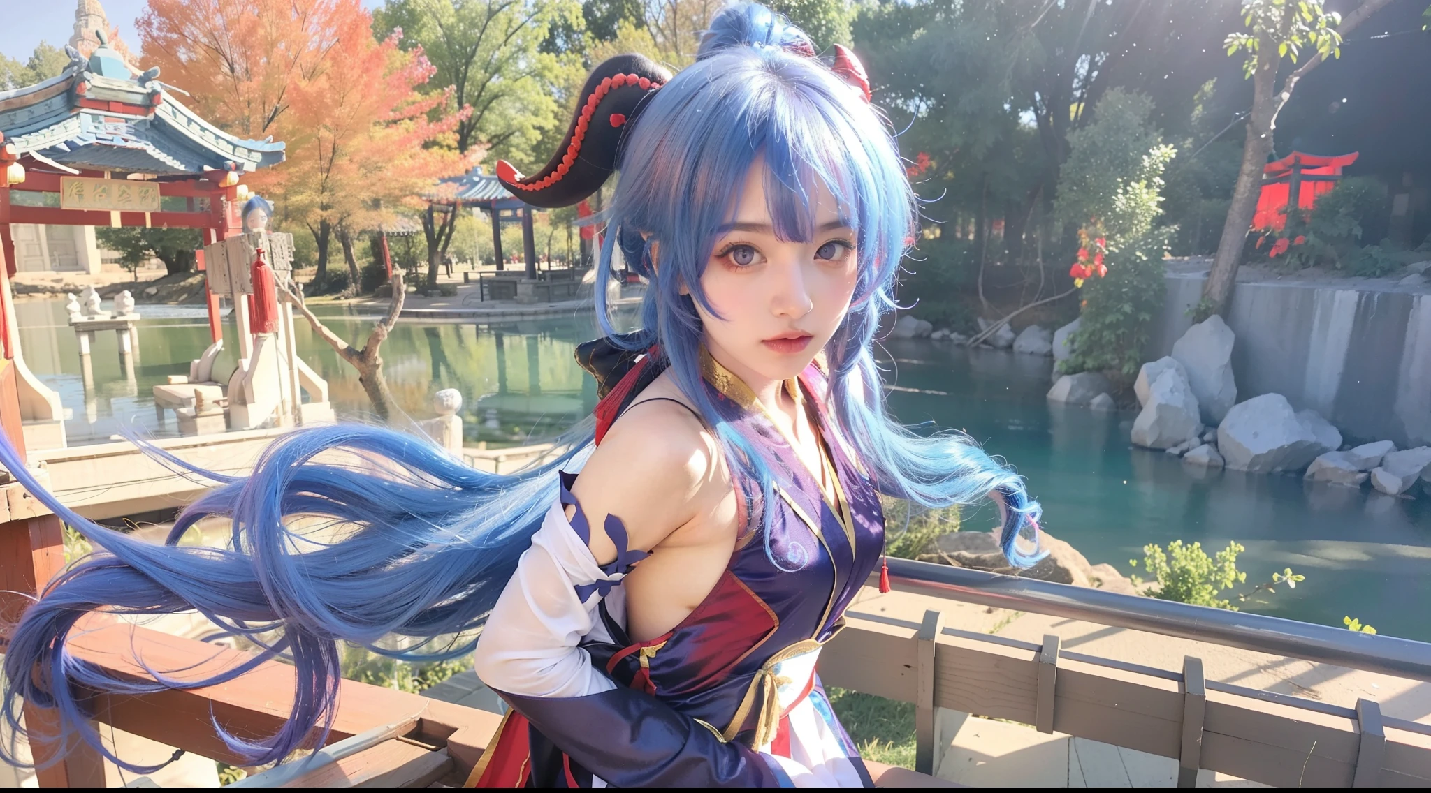 1girl,blue hair,red horn,purple eyes,chinese gown, ganyu from genhsin impact,cosplay style,ulzzang korean face
