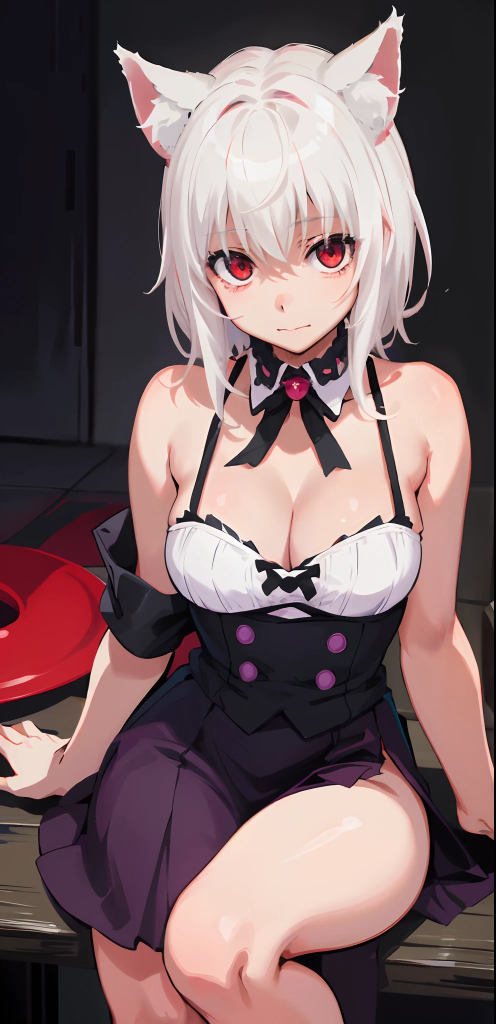 Best Quality, (Masterpiece:1.2), High Detailed, Cat Ears, 1girl, solo, tojo koneko, looking at the viewer, closed mouth, light smile, ultra-detailed eyes, red eyes, white hair, short hair, hair decoration, cleavage, (elegant clothes), erotica, sleeveless, (close-up), bare legs