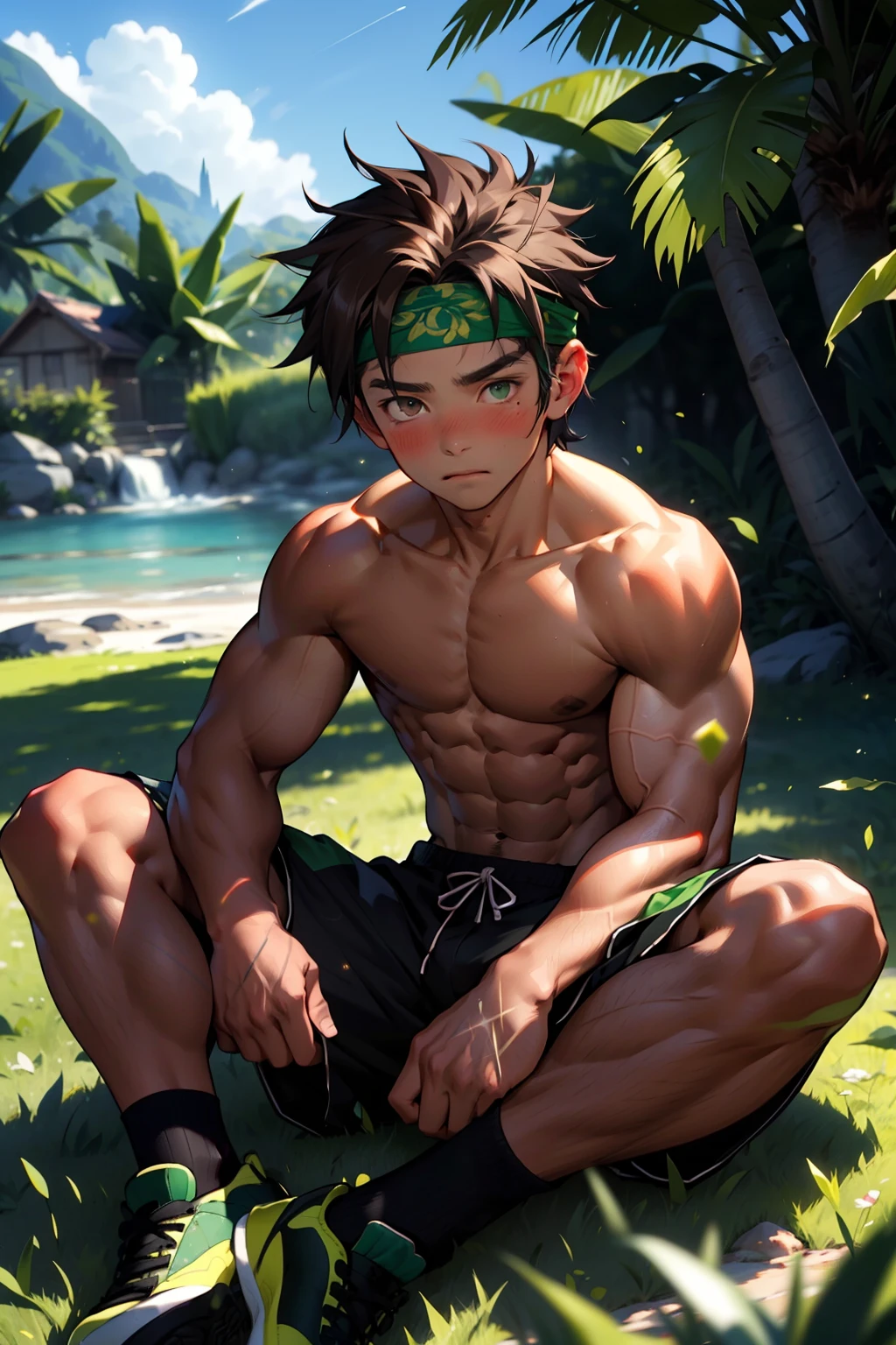 (Masterpiece, Best quality boy,Shota), 1boys, Young,Muscular, Short hair, with brown eye, Intricate, Grass, full bodyesbian, Shirtless, Muscles sparkle in the sun,Black shorts, green headband, Vivid colors,(Depth of field:1.2),(Abs),Blush, view the viewer, Sit on grass,
