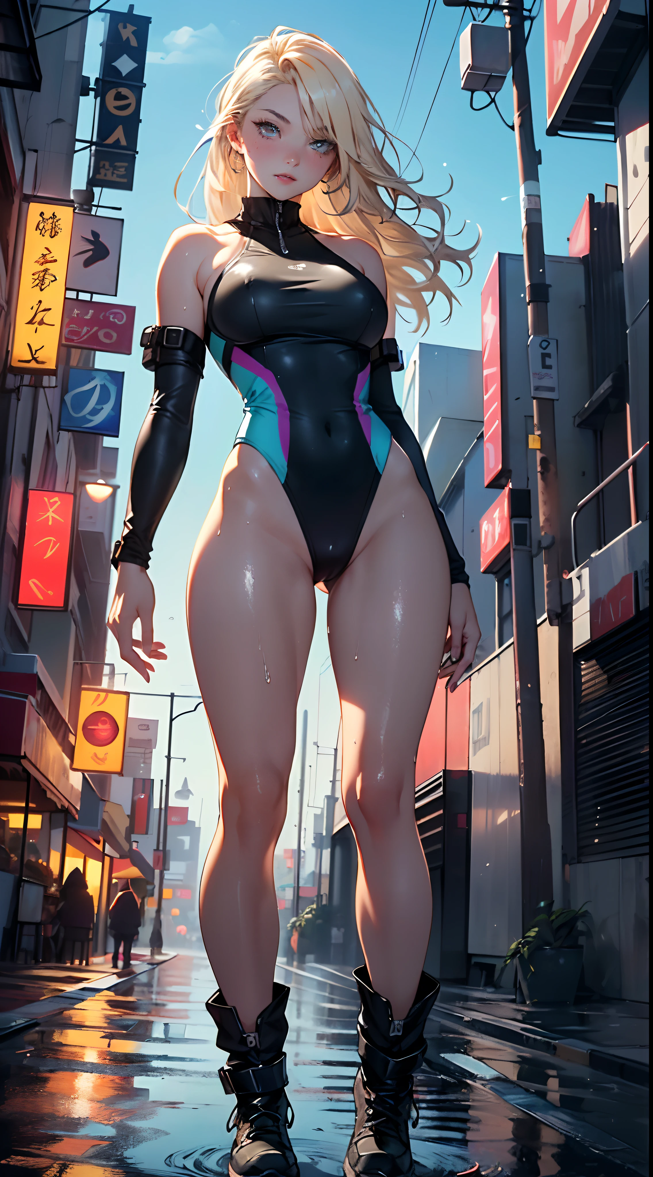 girl swimmer,((girl with extremely cute and beautiful blonde hair)),
(large breasts:1.4),saggy breasts,(((very light blonde hair:1.35,straight hair,long hair:1.4,colored inner hair,ear breathing))),(((heterochromia:1.5,eye1 blue,eye2 green))),intricate eyes,beautiful detailed eyes,symmetrical eyes,((fat)),(((lustrous skin:1.5,bright skin: 1.5,skin tanned,shiny skin,very shiny skin,shiny body,plastic glitter skin,exaggerated shiny skin,illuminated skin, wet legs))),(spider lower abdomen,narrow waist,wide hip,athletic body,inflated legs,delicate detailed fingers,detailed body,human hands,(detailed face)),
cute,slutty,seductive,erotic,(((nsfw))),
((one-piece_swimsuit magenta,wearing a one-piece_swimsuit outfit:1.3,magenta armor swimsuit:1.3,large sport boots)),((wet clothes,intricate outfit,intricate clothes)),
(dynamic pose:1.0),embarrassed,(centered,scale to fit dimensions,Rule of thirds),
cyberpunk city by the ocean at night, with bright neon signs and dark stormy clouds and puddles, scenery:1.25,
artistic photography,(photography taken by sldr),highres, sharp focus, (ultra detailed, extremely detailed), (photorealistic artwork:1.37),(extremely detailed CG unity 8k wallpaper),((synthwave background theme)),(((vibrant colors))),(intricate background),(masterpiece),(best quality),