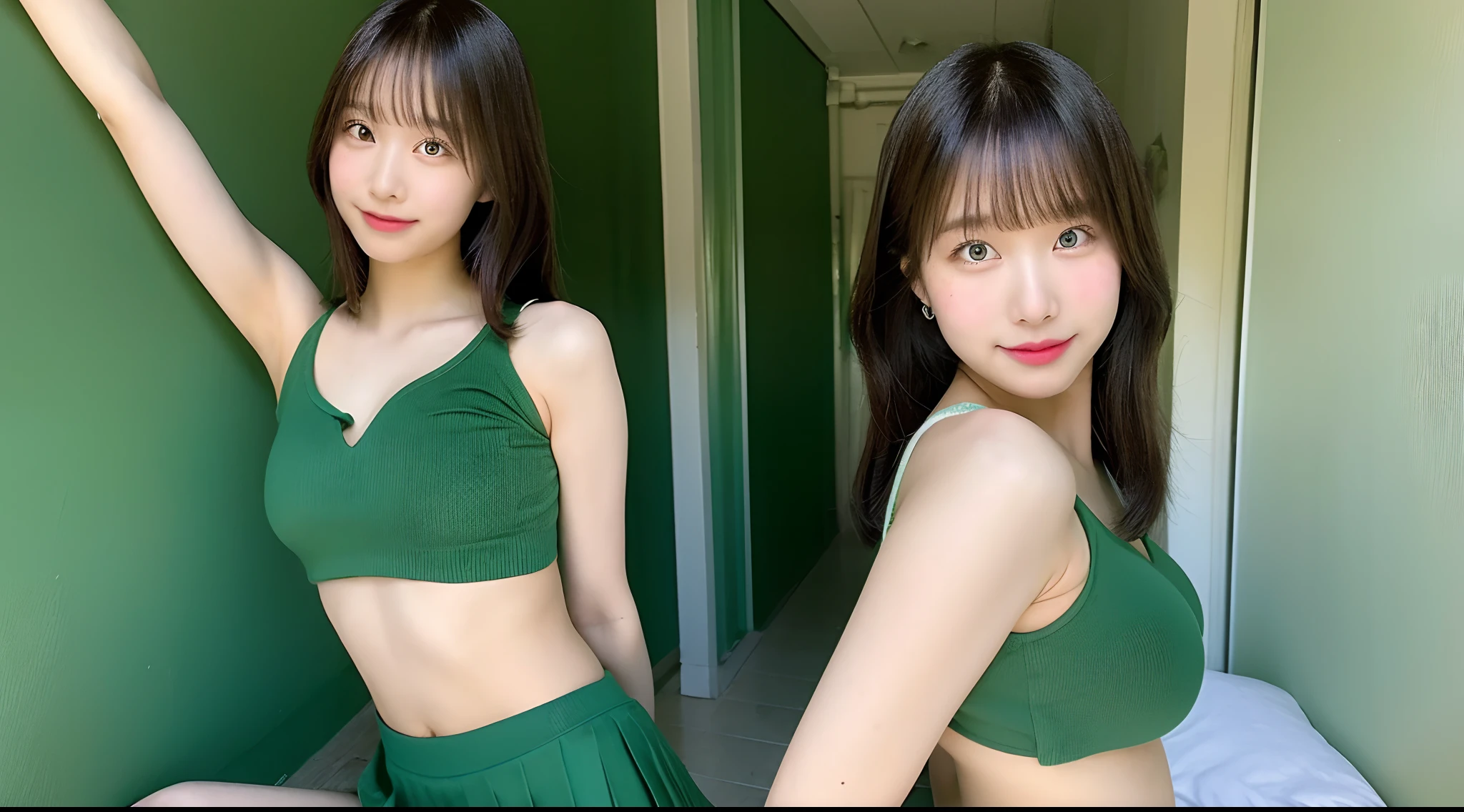 18-year-old cheergirl in a green miniskirt(F Cup Breast)