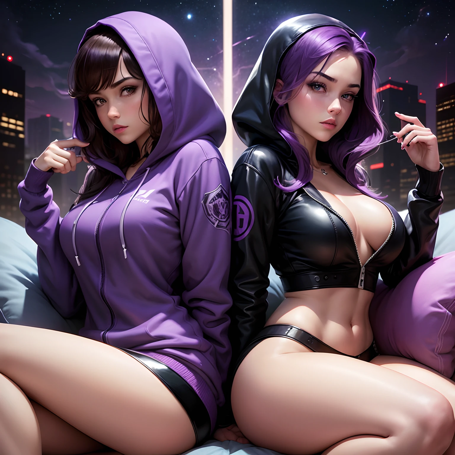 graphic novel style, houston texas, night time, sitting, pillow, purple smoke, two beautiful crime fighting models, back to back, wearing upzipped open hoodies, short skirts, about to have a sexual encounter, perfect, no adult content, suitable for all ages, PG
