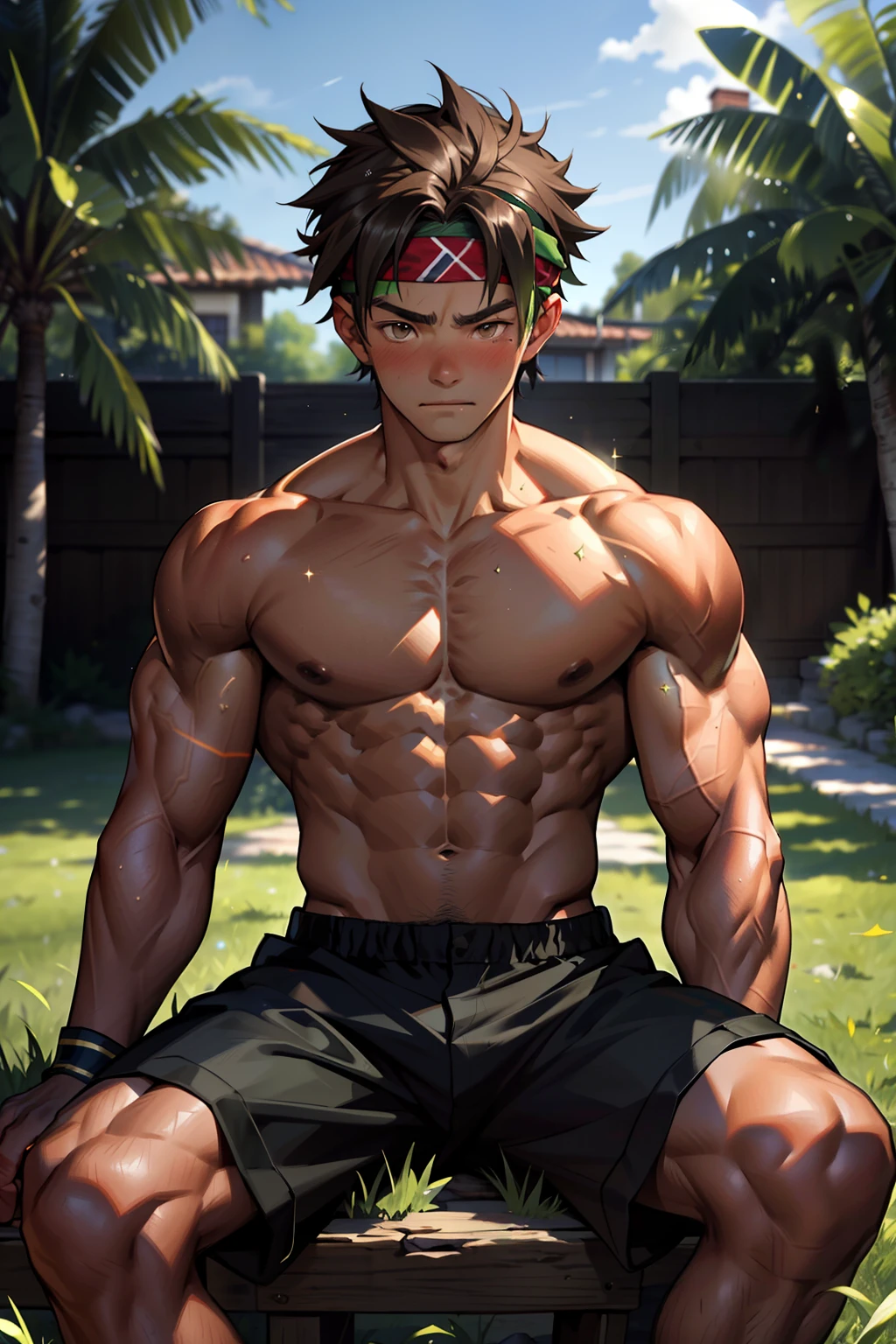 (Masterpiece, Best quality  boy，Shota), 1boys, Young,Muscular, Short hair, with brown eye, Intricate, Grass, full bodyesbian, Shirtless, Muscles sparkle in the sun,Black shorts,  green headband, Vivid colors,(Depth of field:1.2),(Abs),Blush, view the viewer, Sit on grass,