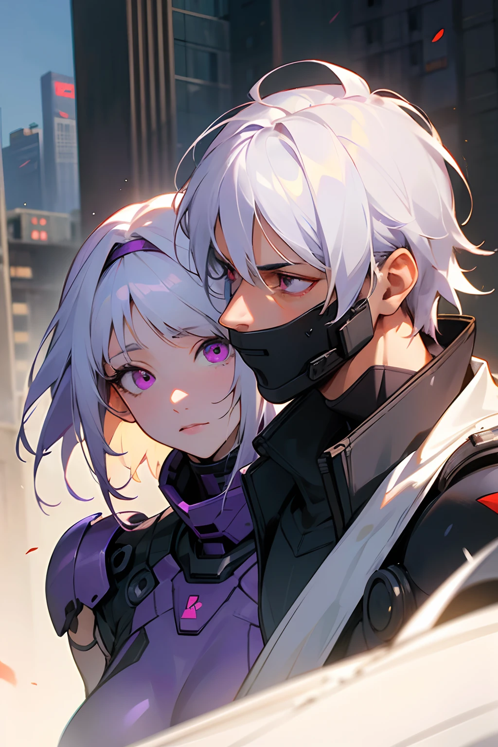 Masterpiece, best quality, realistic, super detailed, portrait of a bustling day scenery in a fallen city background, white hair man with purple eyes and a white hair woman with red eyes next to each other, black future combat suit with a tint of purple, a match made in heaven, ready for battle, visible face