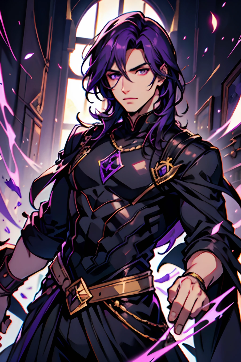 Mago majestoso, homem, de cabelo preto e olhos violeta para jogo otome