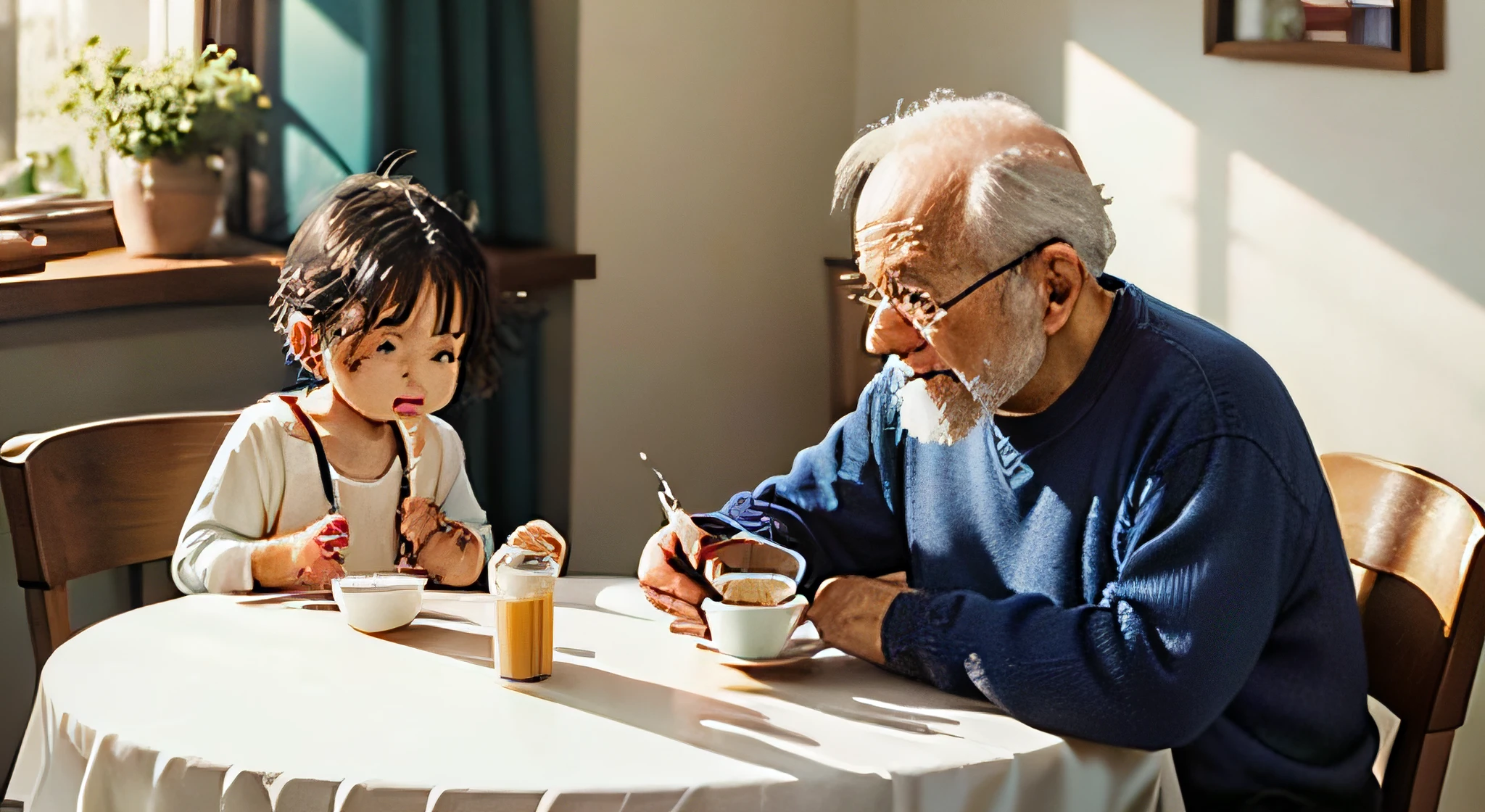 In the morning, the sun is fresh An old man and a small child are eating breakfast,There are milk eggs on the white table
