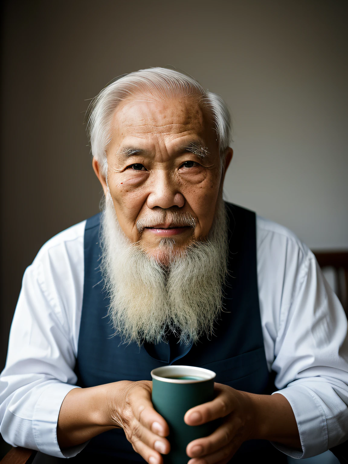 Hyper-Resolution, Ultra photo realsisim, cinema shot, An 80-year-old Asian father，Look at the viewer，Holding a thermos cup，Elderly father,Spiritual elderly,Single image， Short white hair，White Viking beard,  Wide shoulders,  High focal length, Bust photo，Faraway view，Digital SLR, Dark Studio, rim lit, twotonelighting, Dimly lit, low tune, Backlight,