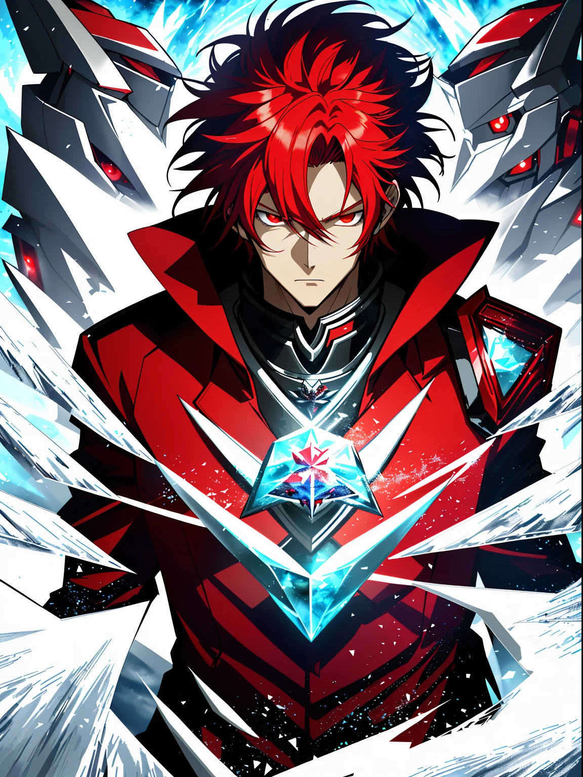 Anime characters with long red hair and red eyes in snowy landscapes, Ice Mage,Tall anime guy with red eyes, Key anime art, male anime character, Ice crystal armor, Detailed key anime art, full portrait of magical knight, Red coat, with ice powers
