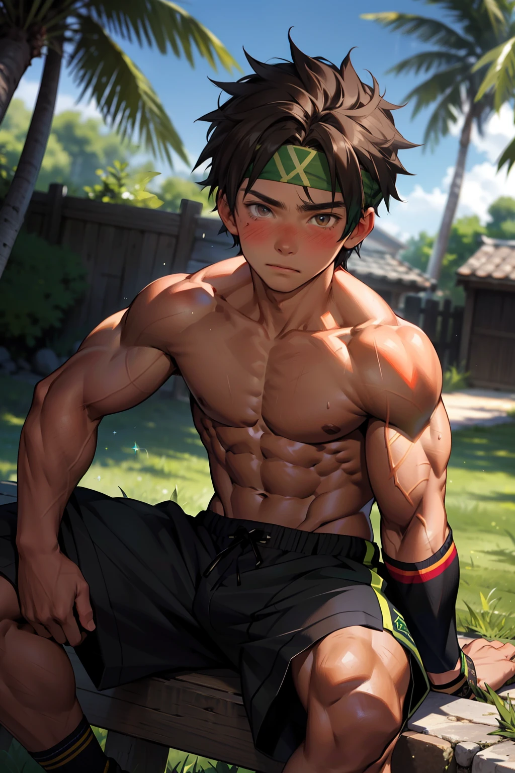 (Masterpiece, Best quality boy,Shota), 1boys, Young,Muscular, Short hair, with brown eye, Intricate, Grass, full bodyesbian, Shirtless, Muscles sparkle in the sun,Black shorts, green headband, Vivid colors,(Depth of field:1.2),(Abs),Blush, view the viewer, Sit on grass,