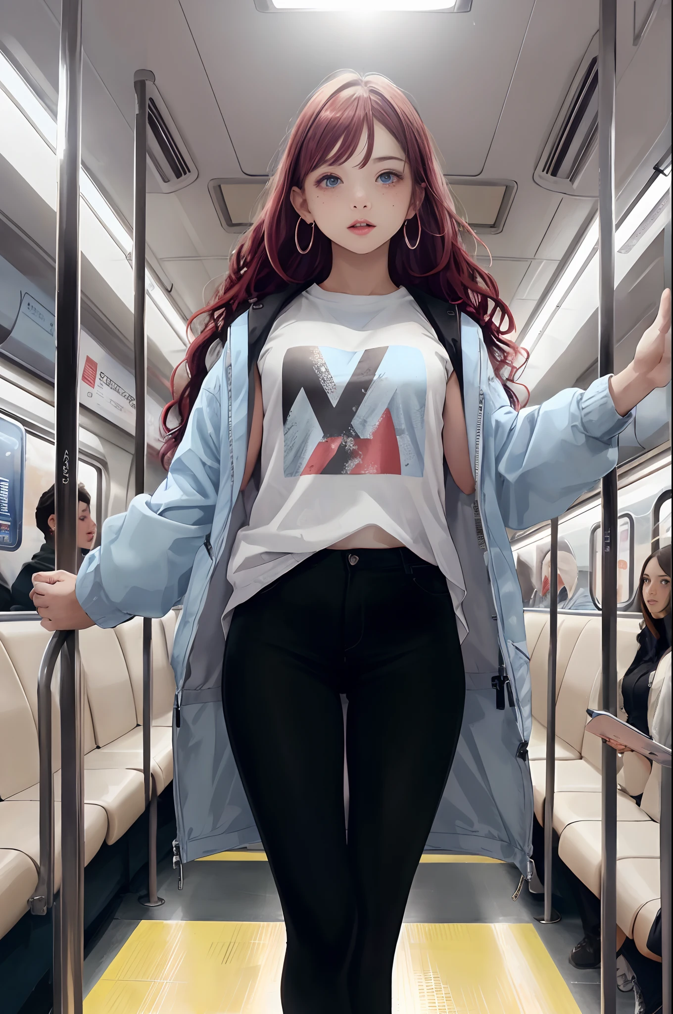 ((Pre-teen)), beautiful girl, freckles on her face, light blue eyes, big earrings, white t-shirt, jacket, black Leggings, full body, shot from below, very light skin, very long hair, wavy hair, red hair , busy subway car, photorealistic, Indirect lighting, volumetric light, ray tracing, hyper-detailed, best quality, ultra-high resolution, HDR, 8k
