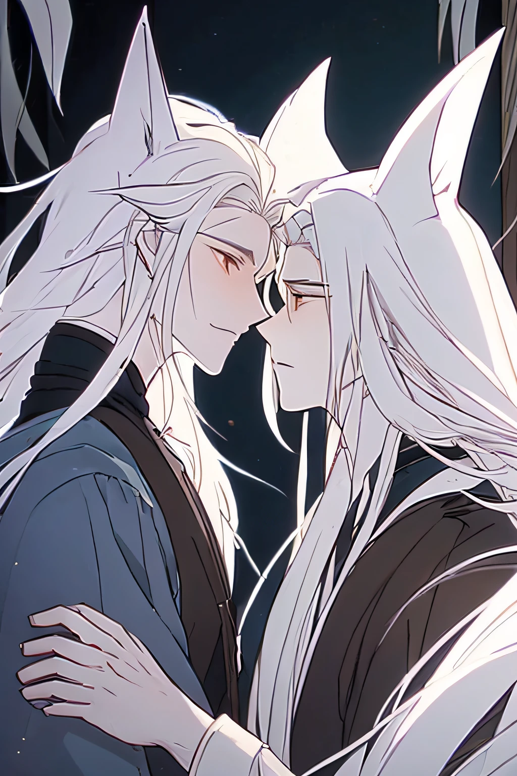 The white long-haired fox-eared man is handsome and gentle, and he reaches out on the side to touch a boy with long black hair and half a ponytail, and the two look at each other sweetly