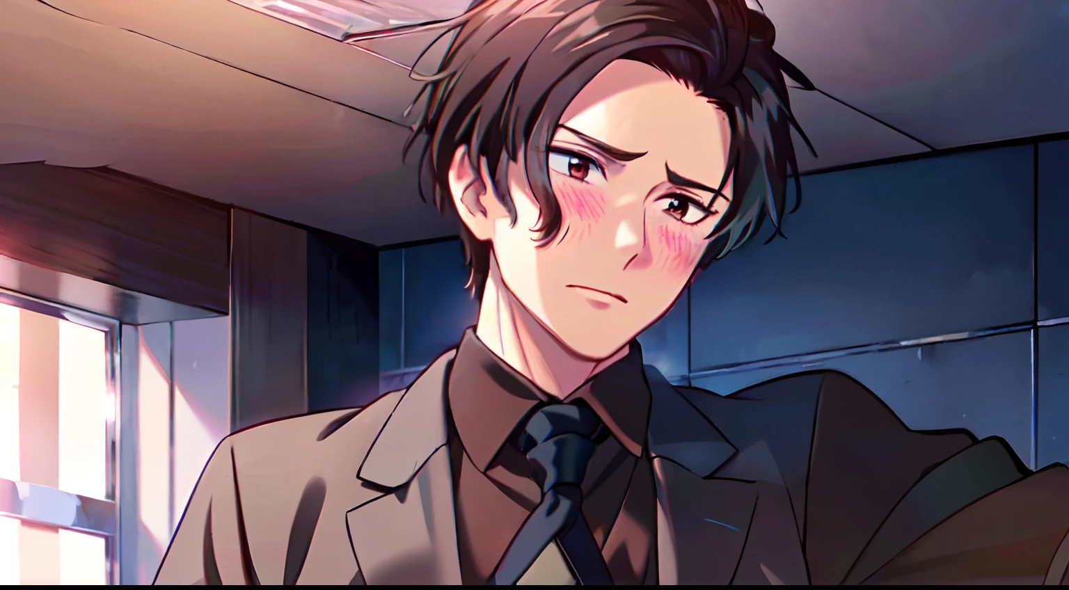 masterpiece, 1Man, (solo(, luci\(obeyme\), red eyes, black hair, luci\(everyday\), (black shirt with red necktie), blush, indoor