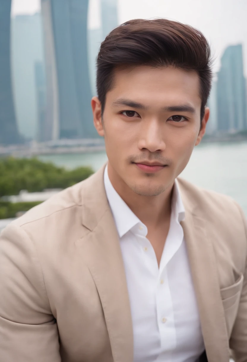 Portrait of handsome man 30 years old round face cinematic appearance, outside Singapore Marina Bay Sands, White shirt and jacket、Looking straight ahead at the camera、Genial look、Gentle eyes、Brown jacket