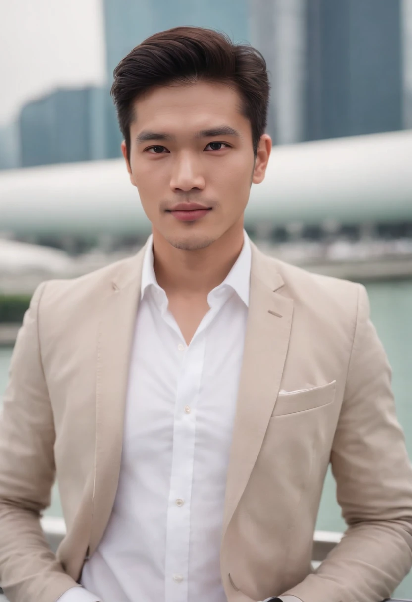 Portrait of handsome man 30 years old round face cinematic appearance, outside Singapore Marina Bay Sands, White shirt and jacket、Looking straight ahead at the camera、Genial look、Gentle eyes、Brown jacket