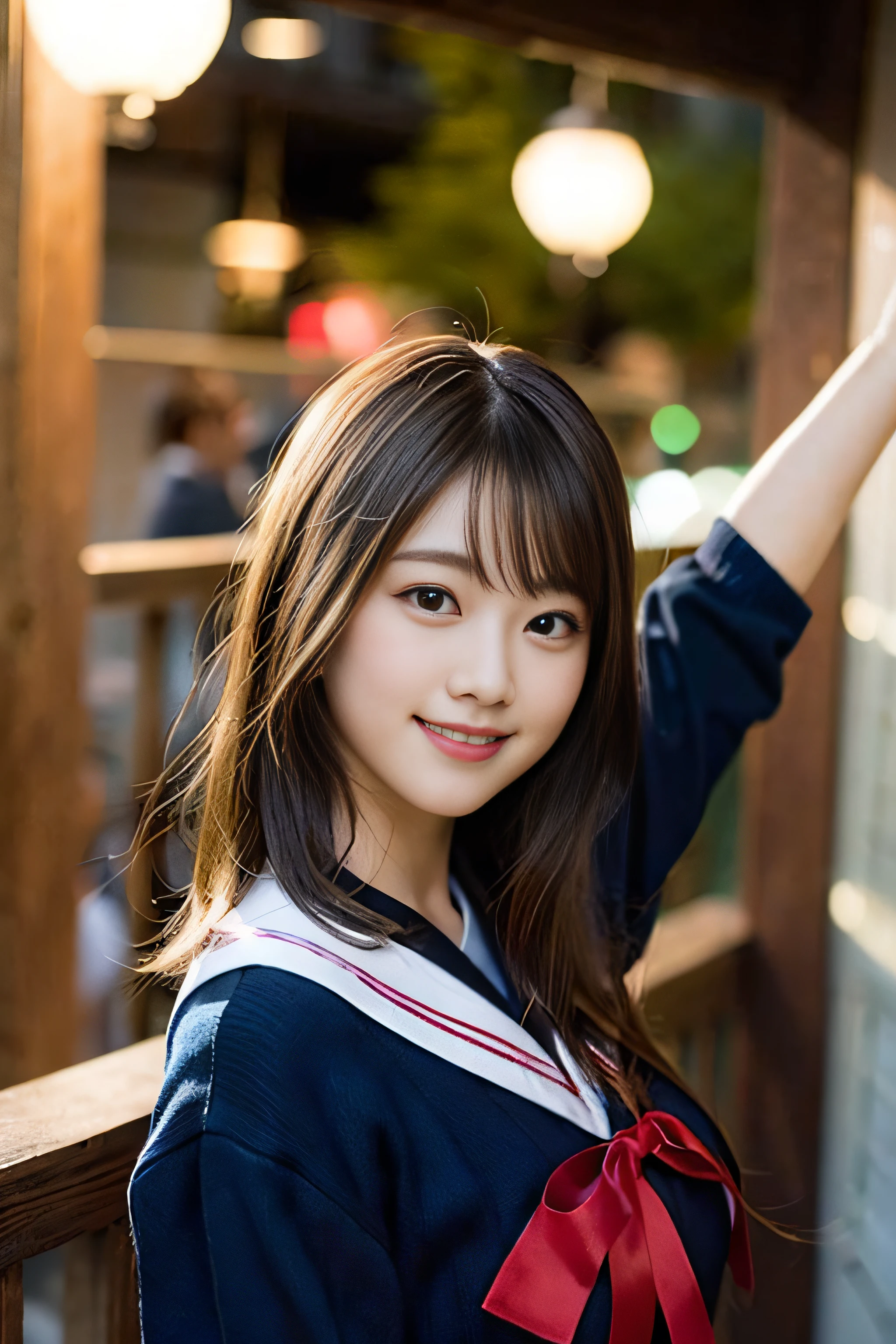 (8K、Raw photography、top-quality、masterpiece:1.2)、(realisitic、Photorealsitic:1.37)、ultra-detailliert、超A high resolution、女の子1人、see the beholder、beautifull detailed face、A smile、Constriction、(Slim waist) :1.3)、Beautiful detailed skin、Skin Texture、Floating hair、Professional Lighting、Whole human body、Longhaire、a blond、japanese hight school uniform、a sailor suit、Bob Hair、Happy smile、17 age、a baby face、Red ribbons、Suppin、Veranda of a high-rise apartment building、F Cup Breasts、both hands behind head、Poses that emphasize breasts