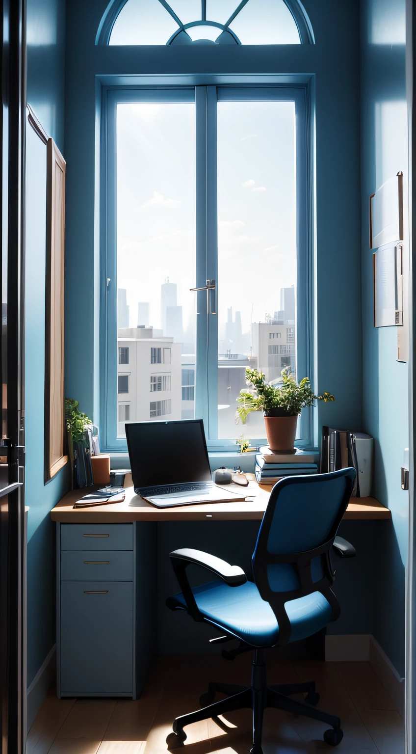 office, blue, light, computer, window, table, book, chair, door,