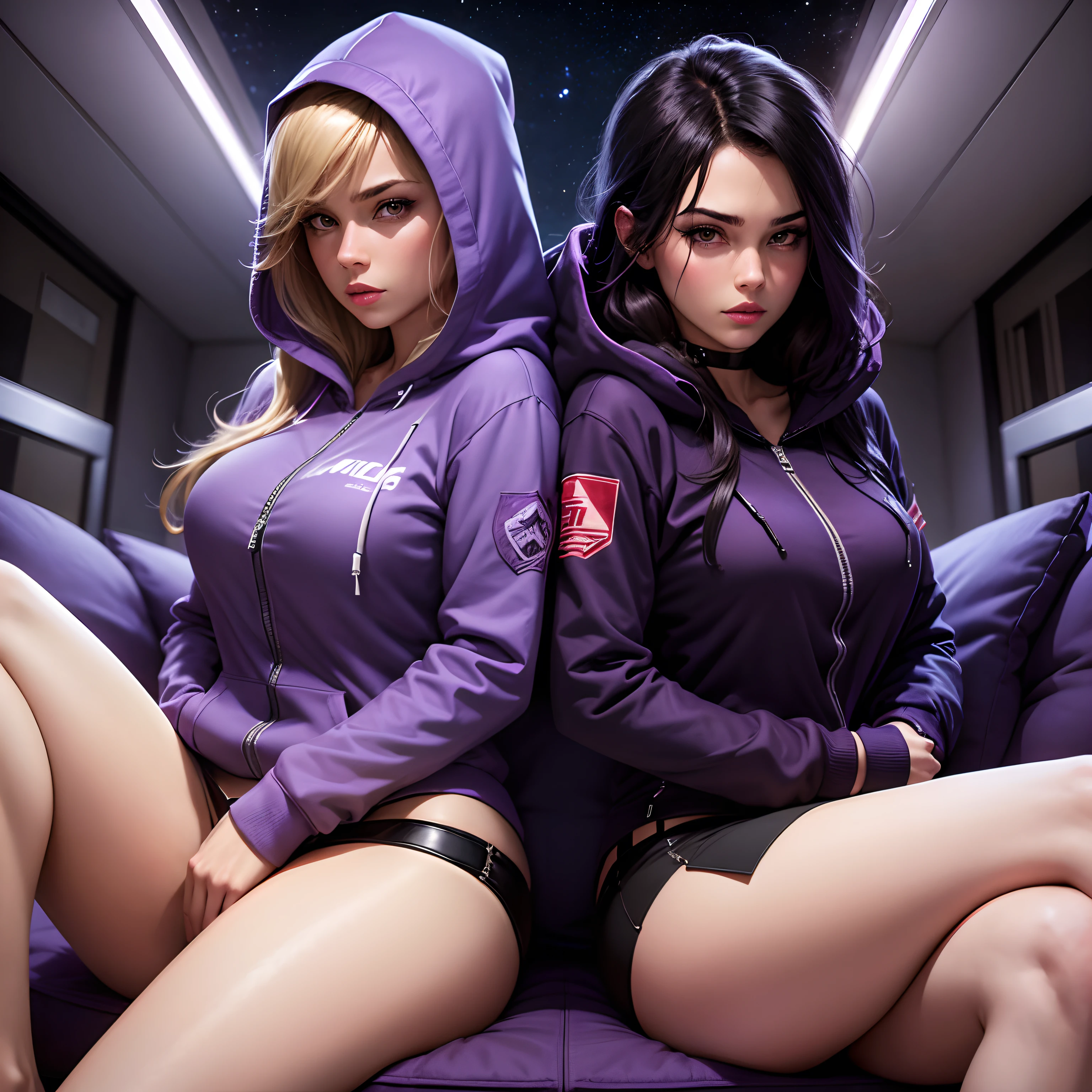 graphic novel style, houston texas, night time, sitting, pillow, purple smoke, two beautiful crime fighting models, back to back, wearing upzipped open hoodies, short skirts, about to have a sexual encounter, perfect, no adult content, suitable for all ages, PG