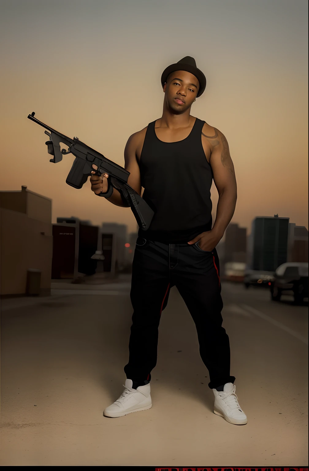 arafed man holding a gun, with pistol, head shoot, sakuga gunplay, holding a mp7, man is carrying a rifle, with a gun, holding shotgun, holding rifle, fullbody shot, holding gun, he has a pistol!!, afro American, new york city backdrop, clean shaven, mobster, gangster