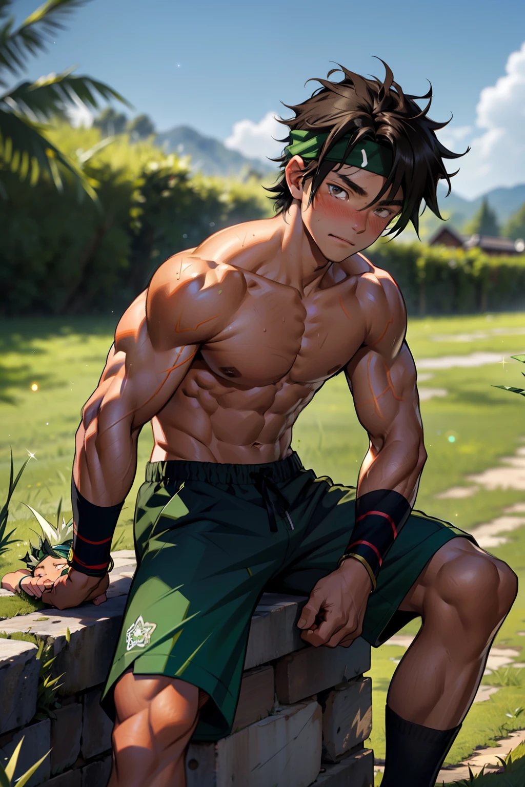 (Masterpiece, Best quality 12 year old boy,Shota), 1boys, Young,Muscular, Short hair, with brown eye, Intricate, Grass, full bodyesbian, Shirtless, Muscles sparkle in the sun,Black shorts, green headband, Vivid colors,(Depth of field:1.2),(Abs),Blush, view the viewer, Sit on grass,