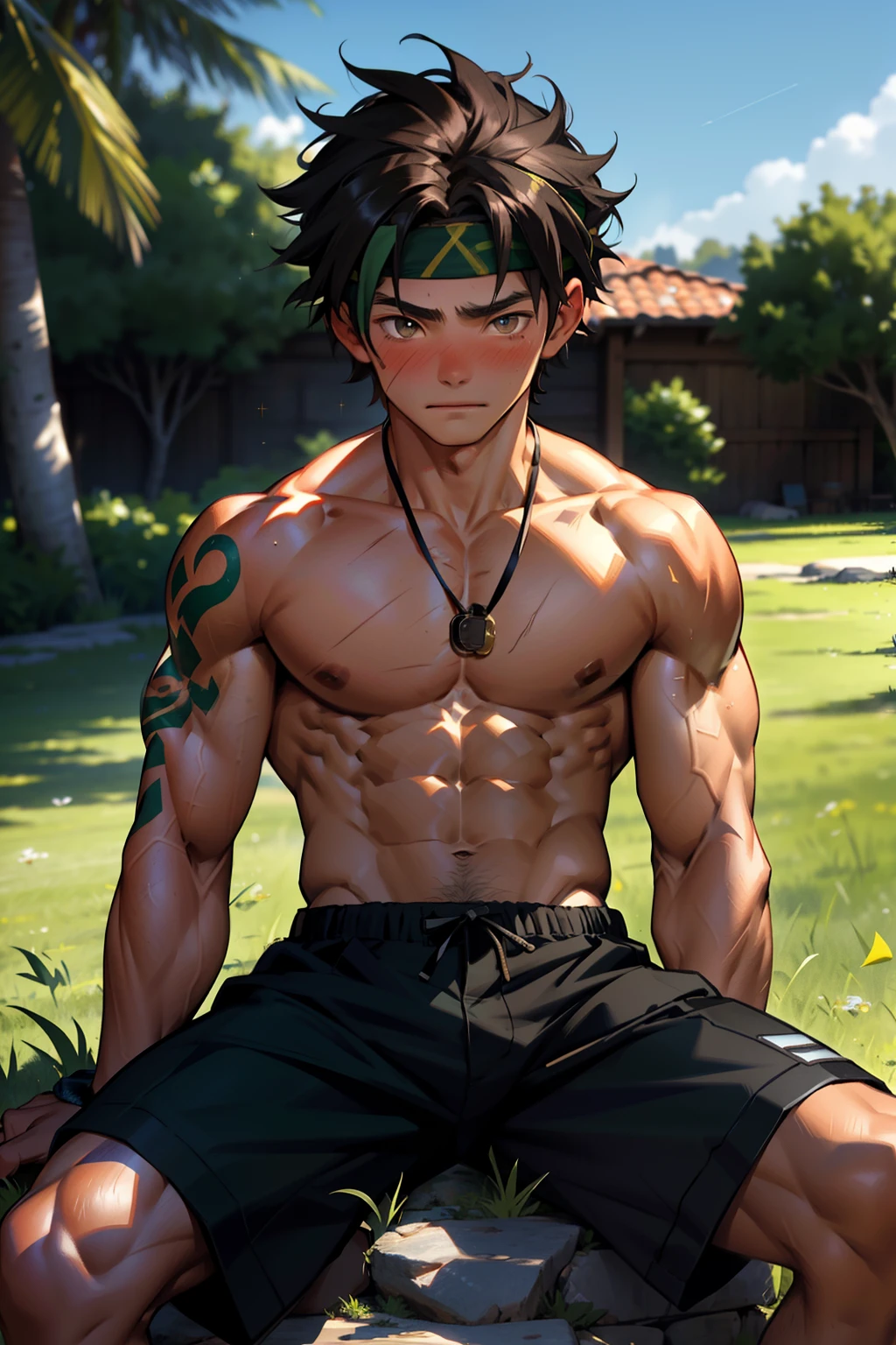 (Masterpiece, Best quality boy,Shota), 1boys, Young,Muscular, Short hair, with brown eye, Intricate, Grass, full bodyesbian, Shirtless, Muscles sparkle in the sun,Black shorts, green headband, Vivid colors,(Depth of field:1.2),(Abs),Blush, view the viewer, Sit on grass,