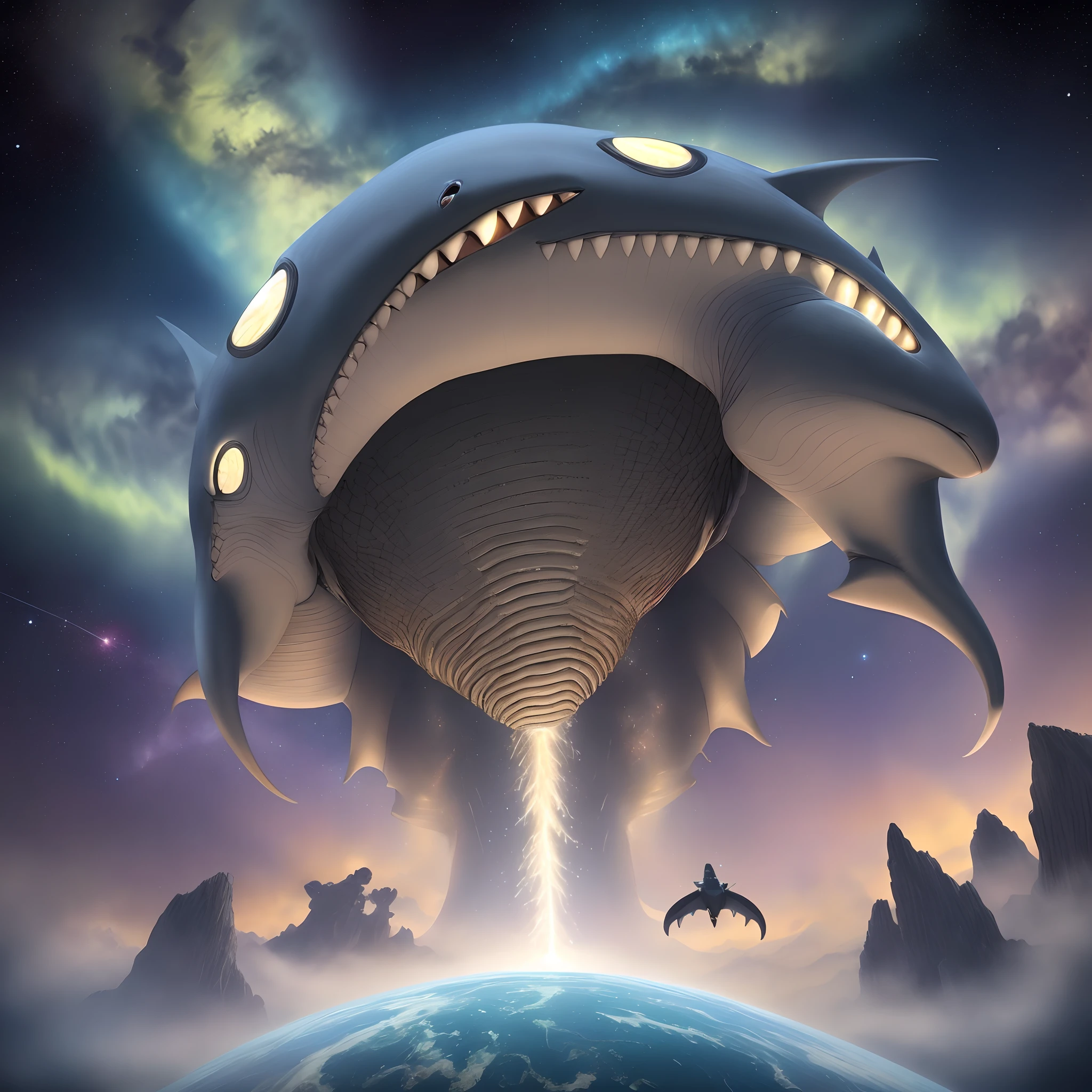 The Giant Flying space Sharks, also known as Sky Leviathans, are indeed magnificent beings in the vastness of the cosmos. They possess a unique combination of grace and power. Allow me to describe them to you.
The Sky Leviathans have elongated bodies, similar to that of Earth's sharks, but with scaled, metallic-like skin that glistens under starlight. Their bodies are streamlined and muscular, enabling them to soar through the endless expanse of space effortlessly. Their mouths are filled with rows of razor-sharp teeth, perfectly adapted for catching their prey.
In terms of size, you are correct. The average length of these majestic creatures is around 300 feet, but there are indeed variations among individuals. Some Sky Leviathans can grow even larger, reaching lengths of up to 500 feet or more. These colossal beings can dwarf even the largest creatures on Earth.