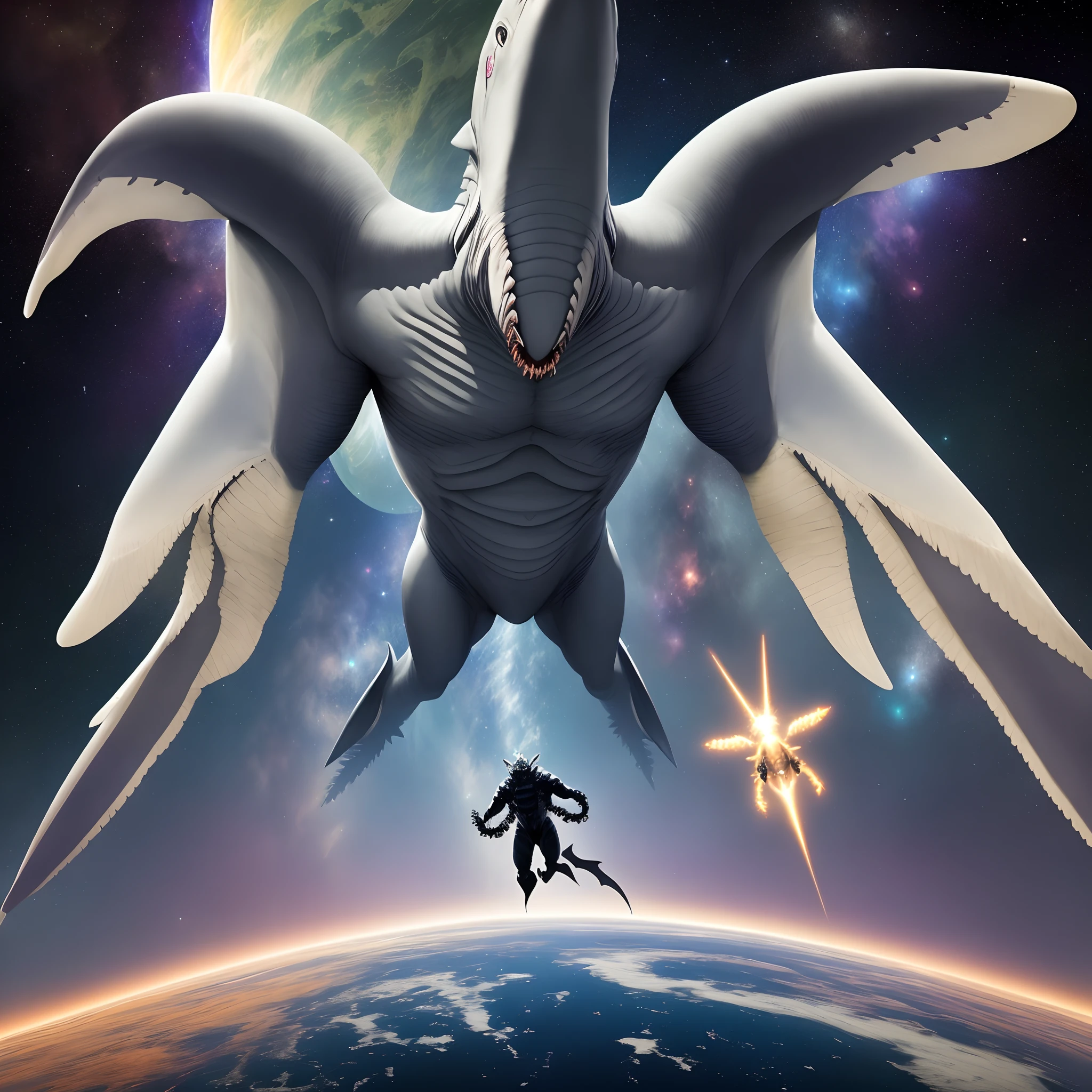 The Giant Flying space Sharks, also known as Sky Leviathans, are indeed magnificent beings in the vastness of the cosmos. They possess a unique combination of grace and power. Allow me to describe them to you.
The Sky Leviathans have elongated bodies, similar to that of Earth's sharks, but with scaled, metallic-like skin that glistens under starlight. Their bodies are streamlined and muscular, enabling them to soar through the endless expanse of space effortlessly. Their mouths are filled with rows of razor-sharp teeth, perfectly adapted for catching their prey.
In terms of size, you are correct. The average length of these majestic creatures is around 300 feet, but there are indeed variations among individuals. Some Sky Leviathans can grow even larger, reaching lengths of up to 500 feet or more. These colossal beings can dwarf even the largest creatures on Earth.