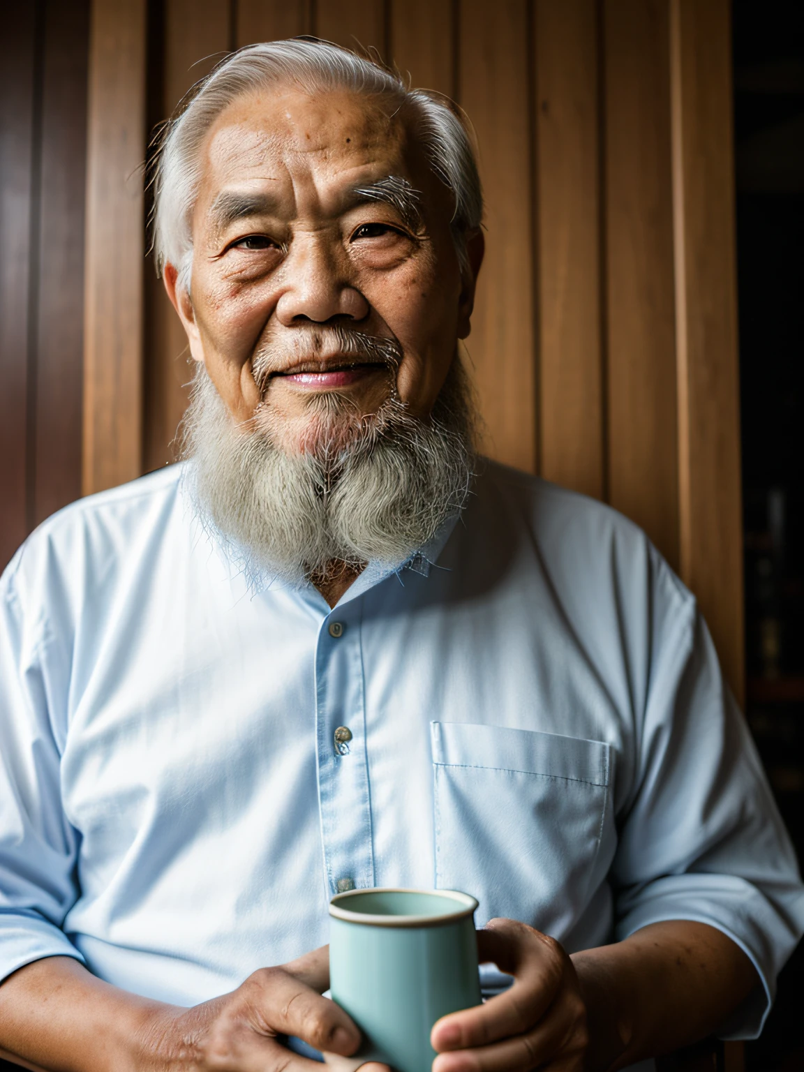 Hyper-Resolution, Ultra photo realsisim, cinema shot, An 80-year-old Asian father,Look at the viewer,Hold the thermos cup,Elderly father,Spiritual old man,Single image, Short white hair,White Viking beard, Wide shoulders, High focal length, Bust photo,Faraway view,Digital SLR, Dark Studio, rim lit, twotonelighting, Dimly lit, low tune, Backlight,