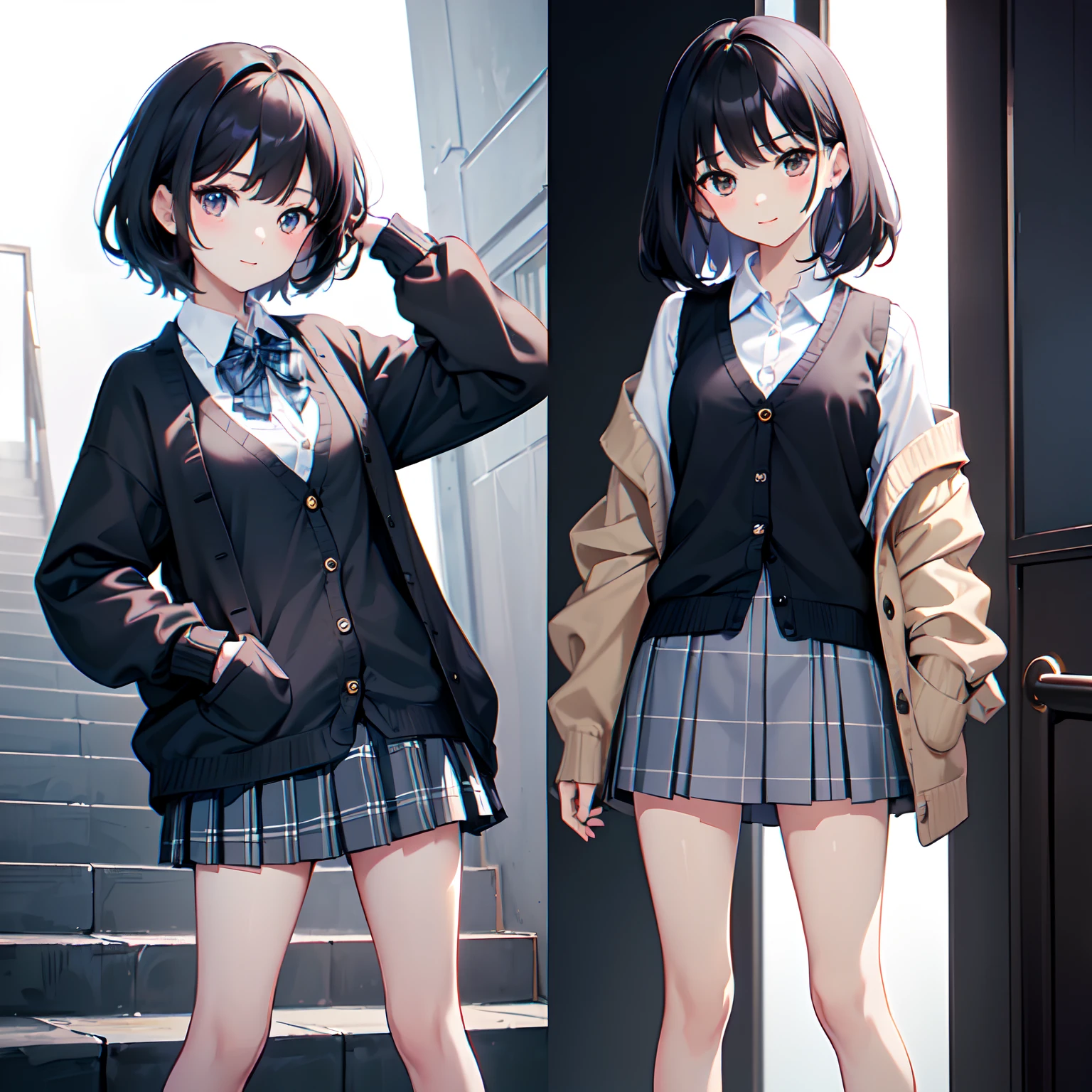 Super delicate and cute girl with black hair、1 persons、a junior high school student、14years、8K Ultra High Definition、Delicate texture、 Medium Hair、flat chest、(((Plaid mini skirt)))、(((Wearing a cardigan over a collared shirt)))、high socks、Plain clothe、Smiling、AS-Adult、((Climb the stairs))、(((Rear view)))