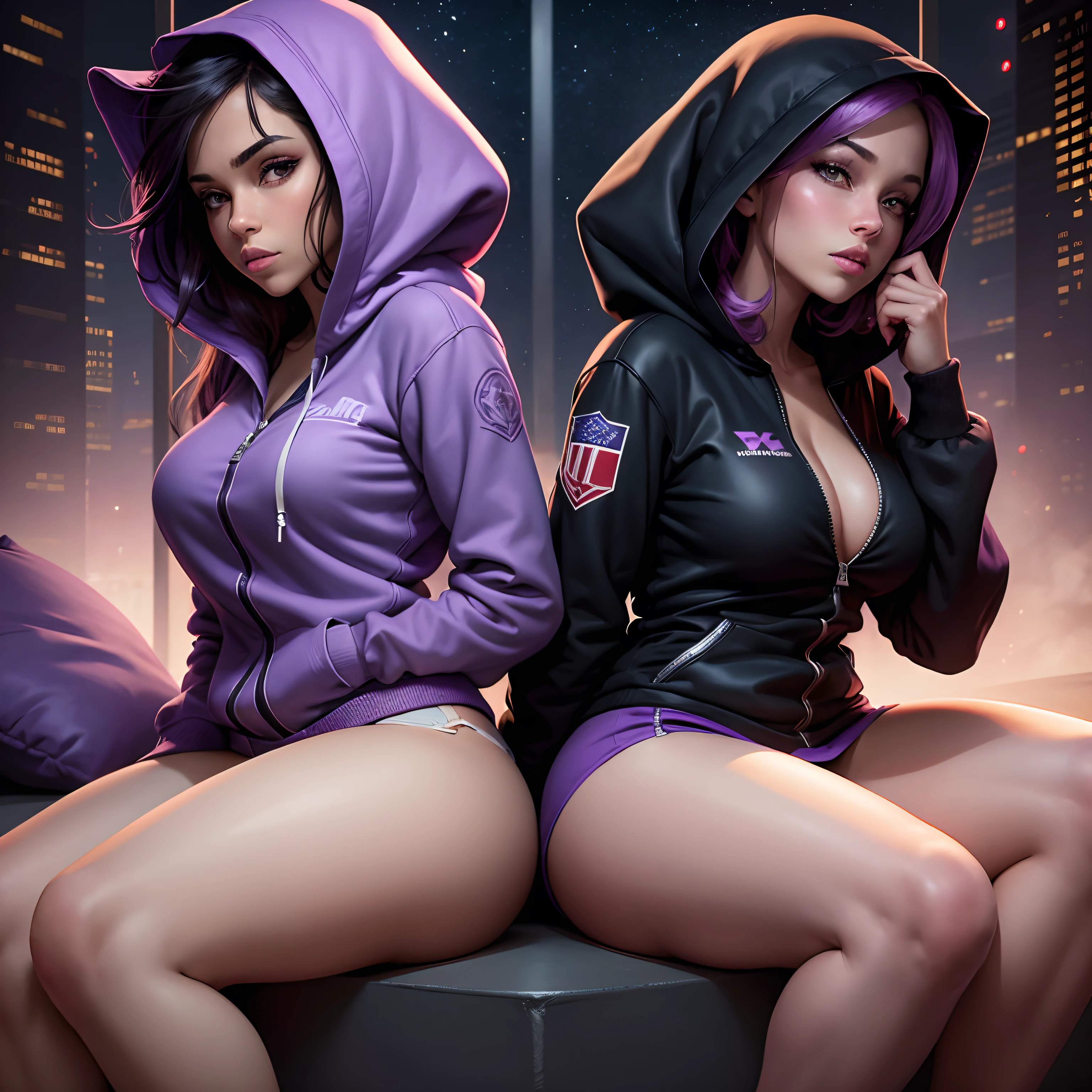 graphic novel style, houston texas, night time, sitting, pillow, purple smoke, two beautiful crime fighting models, back to back, wearing upzipped open hoodies, short skirts, about to have a sexual encounter, perfect, no adult content, suitable for all ages, PG