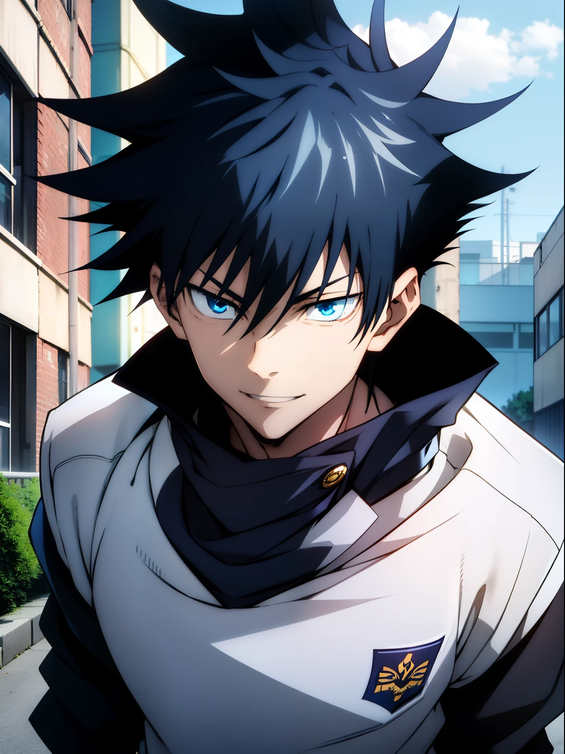 1boy, Face-to-face smiles, Precise and beautiful bright blue eyes, spiky black hair, Korean School Uniform, He in the neighborhood, the body is well-proportioned, High resolution, ultrasharp, 8K, masutepiece, Looking at Viewer