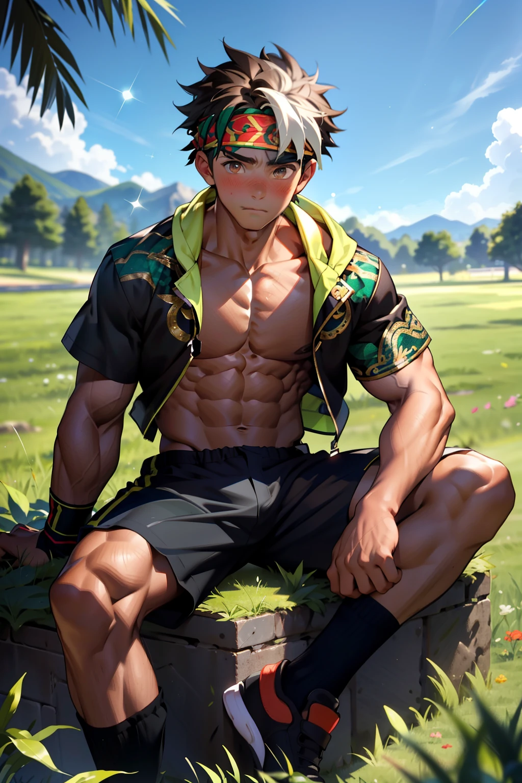 (Masterpiece, Best quality  boy，Shota), 1boys, Young,Muscular, Short hair, with brown eye, Intricate, Grass, full bodyesbian, Shirtless, Muscles sparkle in the sun,Black shorts,  green headband, Vivid colors,(Depth of field:1.2),(Abs),Blush, view the viewer, Sit on grass,