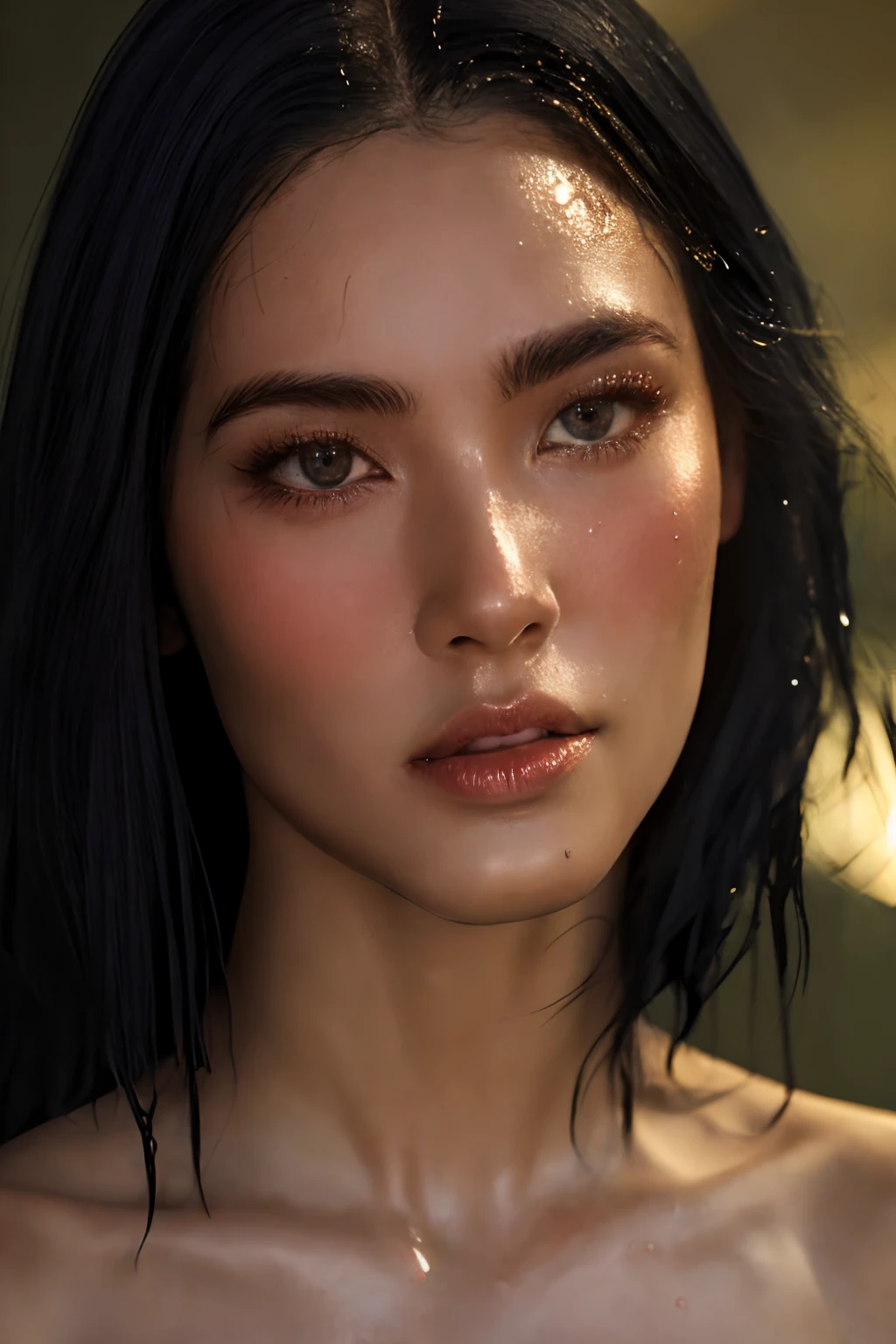 Photorealistic woman, detailed short messy black hair, full body shot, Detailed skin, detailed body, muscular, solo, wearing black micro bikini, huge breasts, thick thighs, wide hips, muscular arms, large bulging veins on body, veins, muscle vein, split abs, thick thighs, blue eyes, Natural Skin Texture, skin detail, shiny skin, shiny glossy skin, WET skin, wet body, glossy skin, oily skin, Mediterranean tan, high contrast, realistic skin, skin pores, intricate detail, high contrast, realistic skin, skin pores, intricate detail, raw photo, mature female, glossy lips, luscious lips, pretty nose, lifelike rendering, immersive atmosphere, chiaroscuro, moody lighting, perfect female body, realistic skin, skin pores, at an expensive private swimming pool in Brazil, bad-girl, mature female, ero404